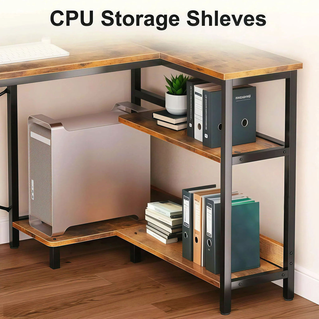 L-Shaped Gaming Desk With Power Outlets, Monitor Stand & Storage Shelves, Reversible Corner Workstation - Black / Brown