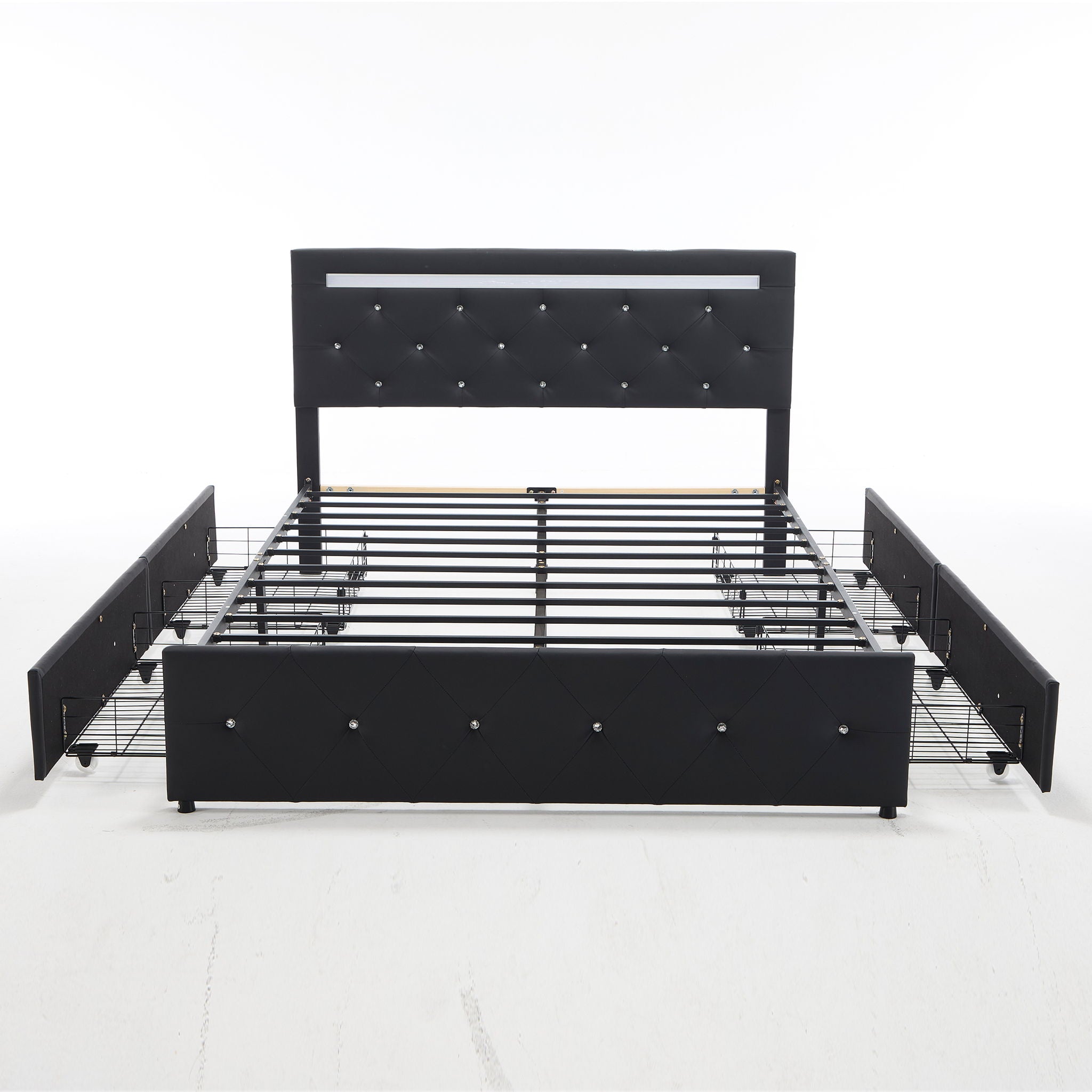 Upholstered Bed Frame With LED Lights, 4 Storage Drawers, Charging Station