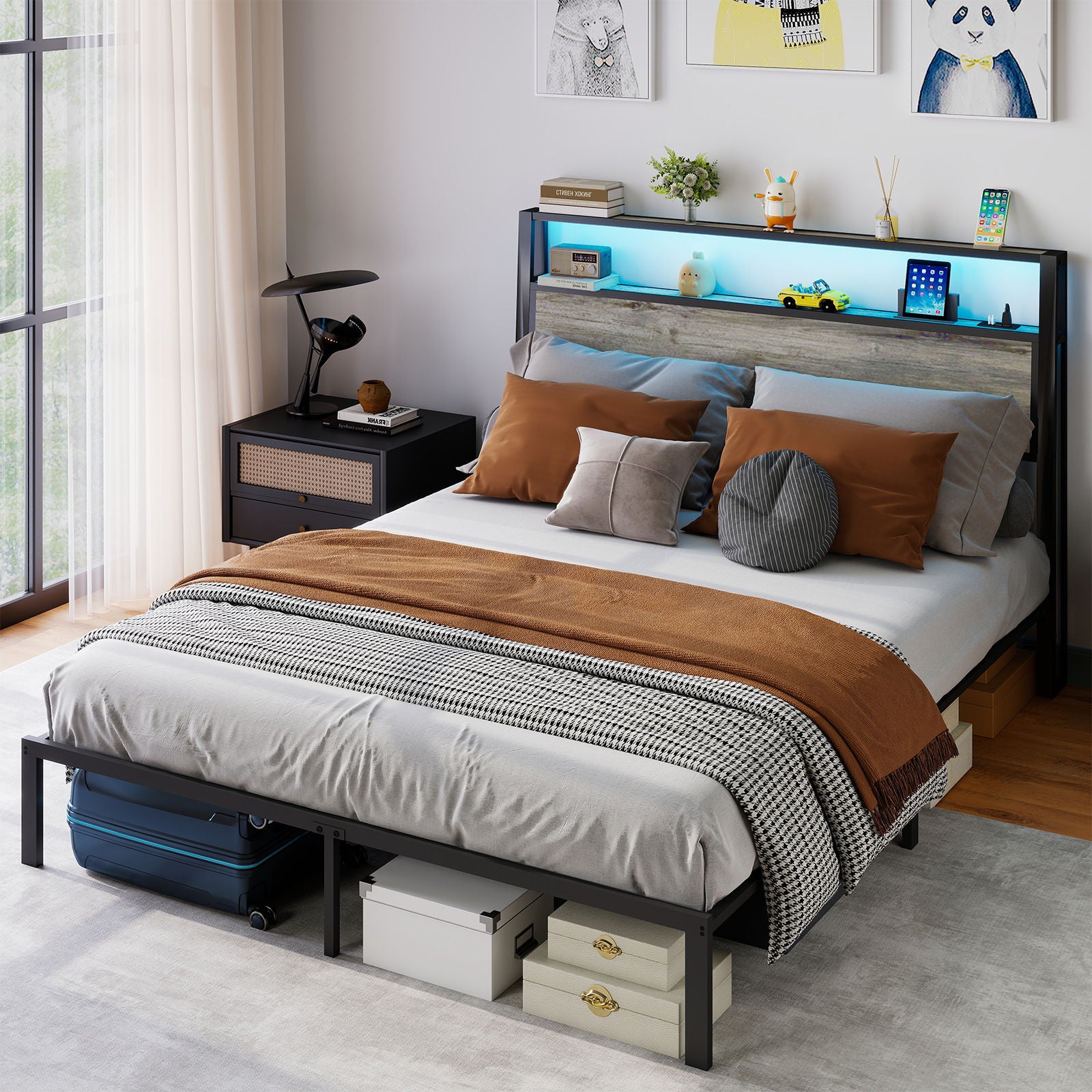 Bed Frame With Headboard, LED Lights & Charging Station