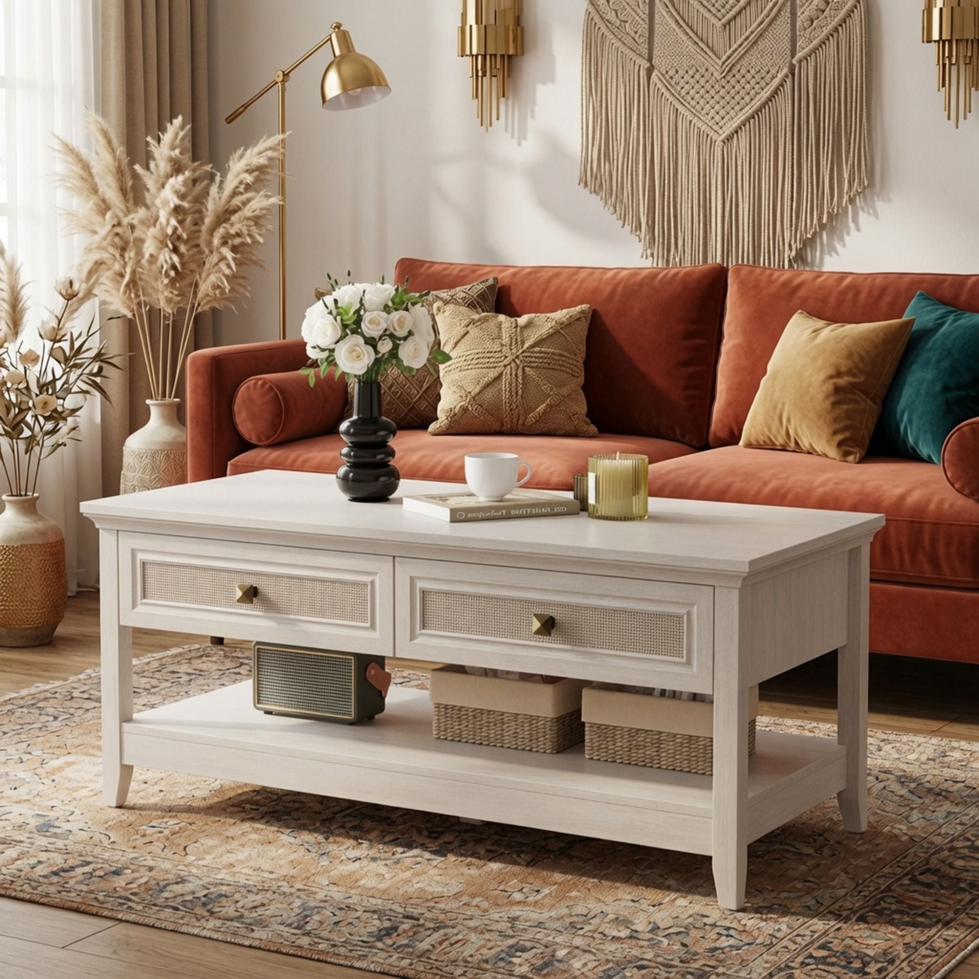 Coffee Table With Drawers & Storage Shelf - White