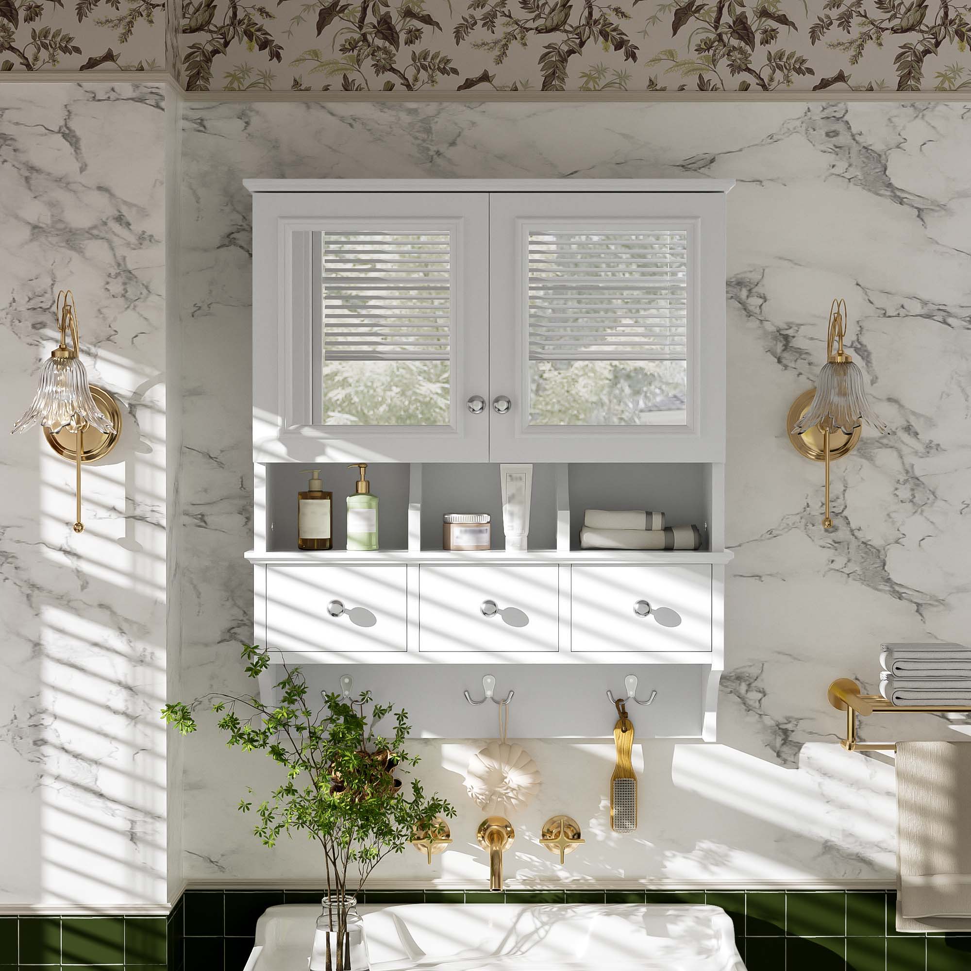 Modern Bathroom Mirror Cabinet With Drawers, Organizer Hooks, And High-Definition Mirrors