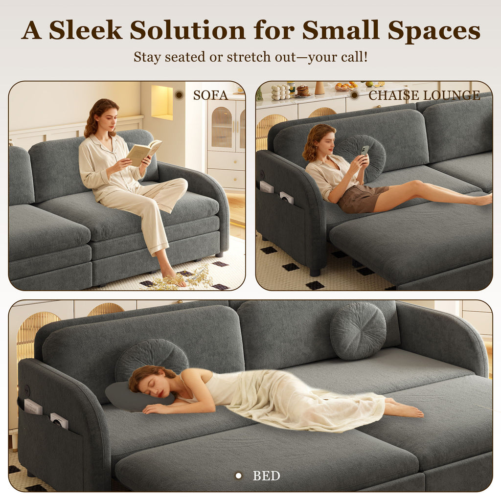 Upholstered Pull Out Couch With Side Pocket & USB Port