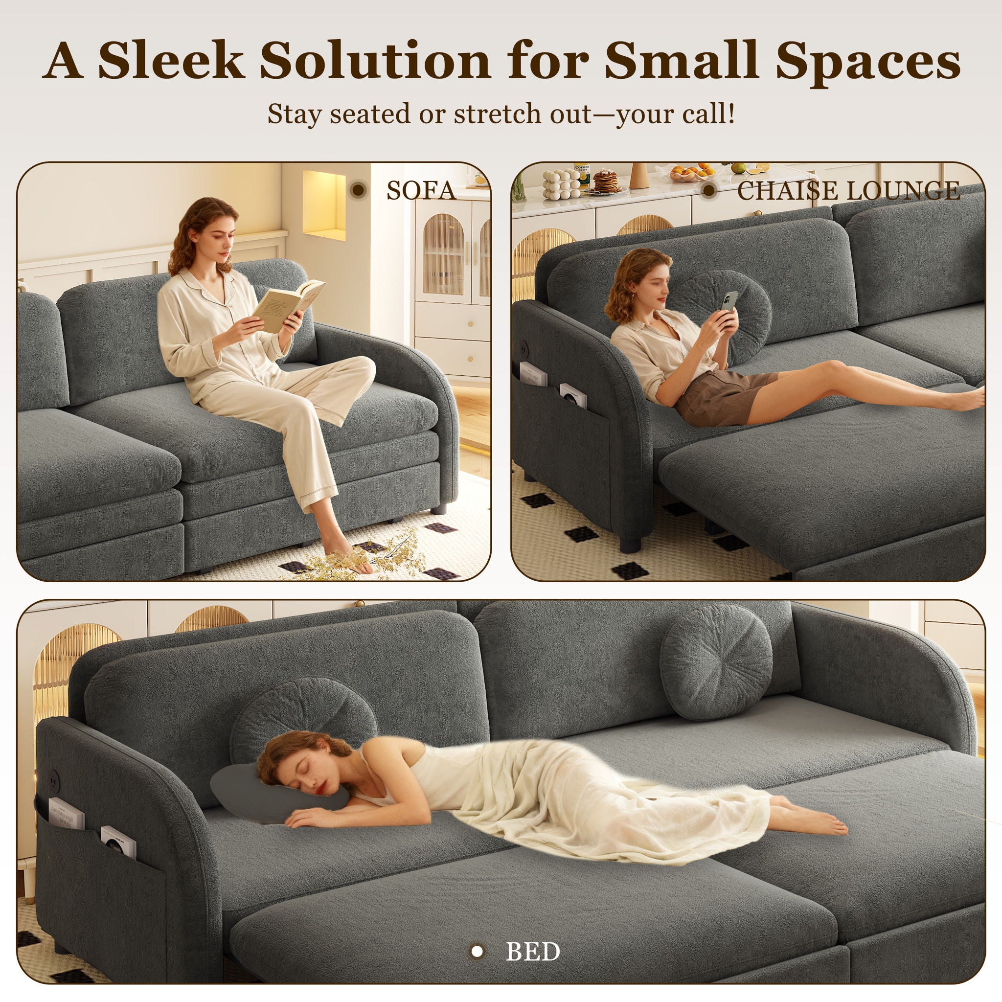 Upholstered Pull Out Couch With Side Pocket & USB Port