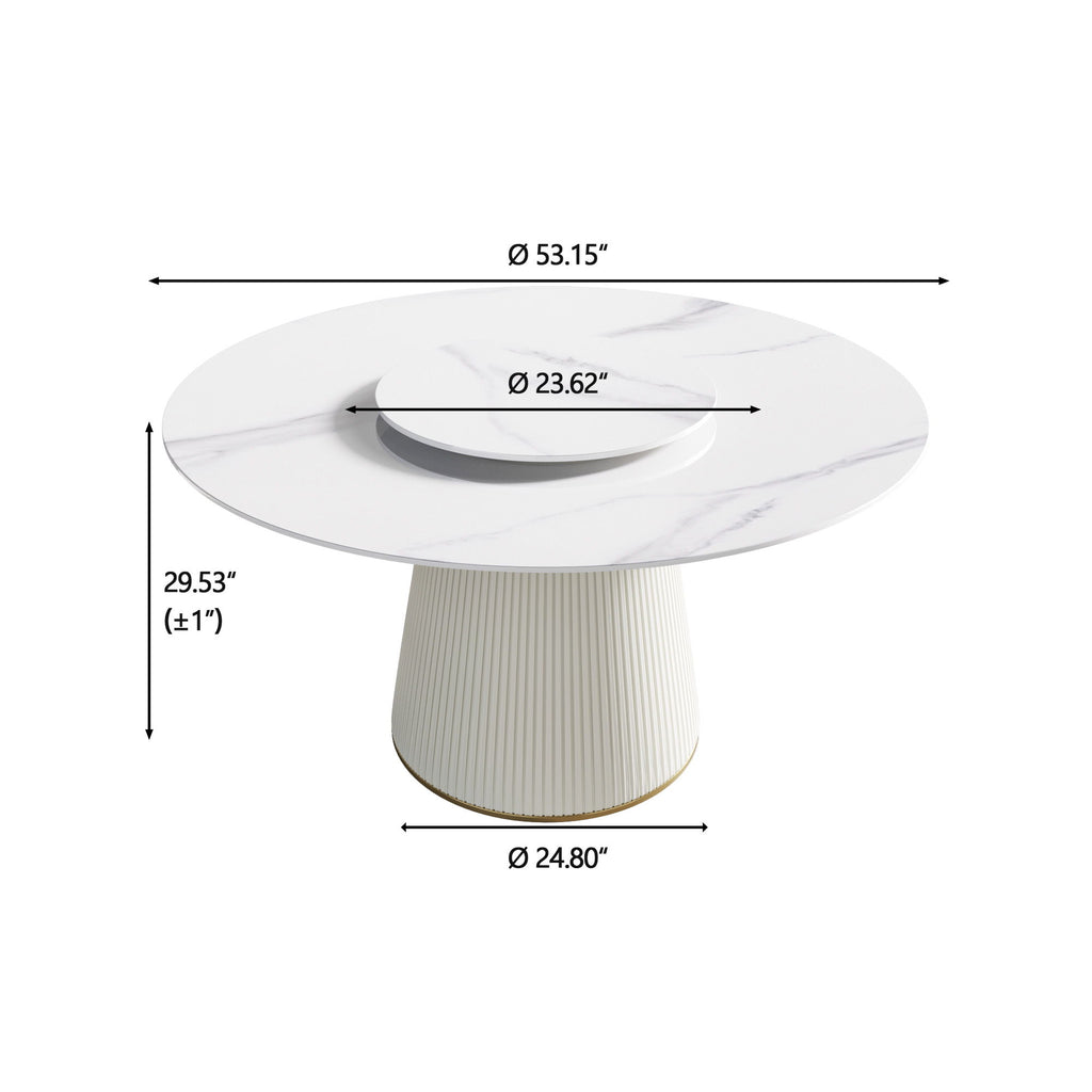Modern Artificial Stone Round Plywood Base Dining Table, Can Accommodate 6 People, Artificial Stone Turntable (Not Including Chairs) - White / Beige
