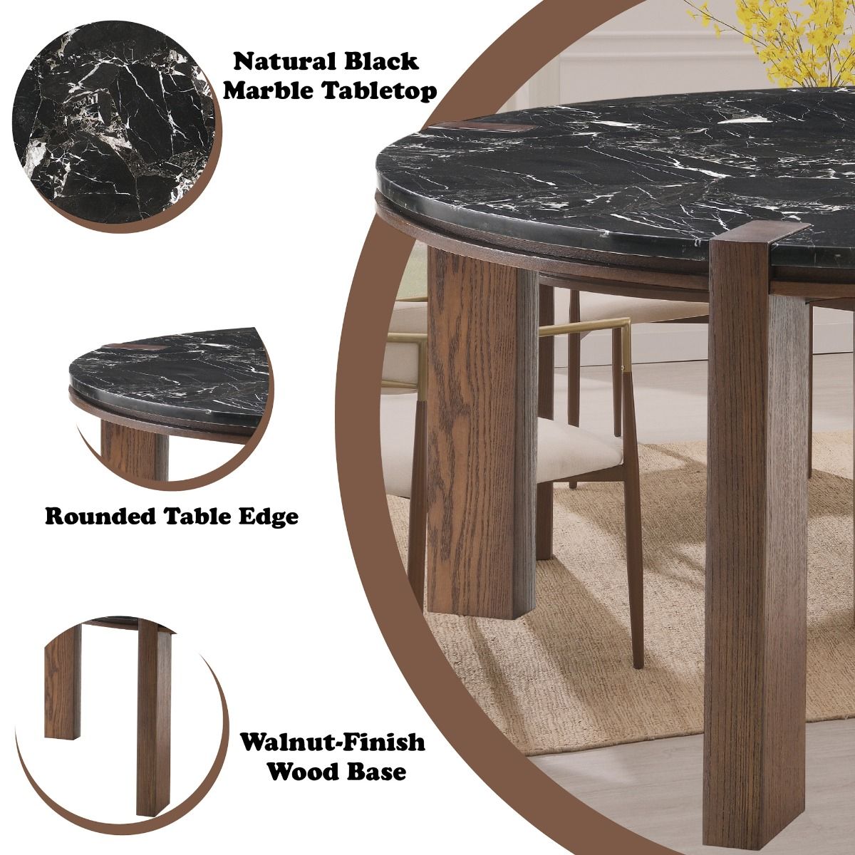 Estella - Round Dining Table With Natural Marble Top - Black Top & Walnut