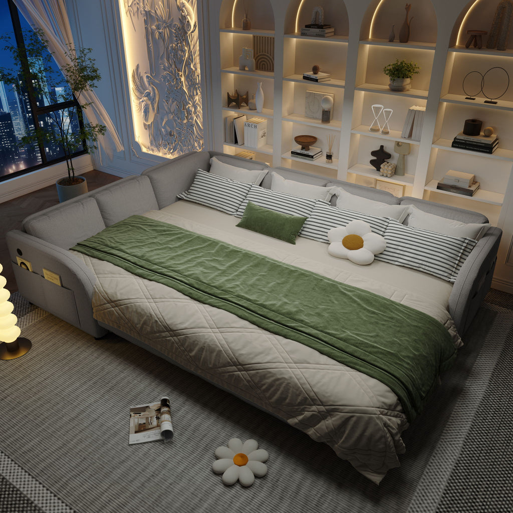 L-Shaped Couch With Pull-Out Bed, Convertible Sleeper Sofa With Side Pocket & USB Port