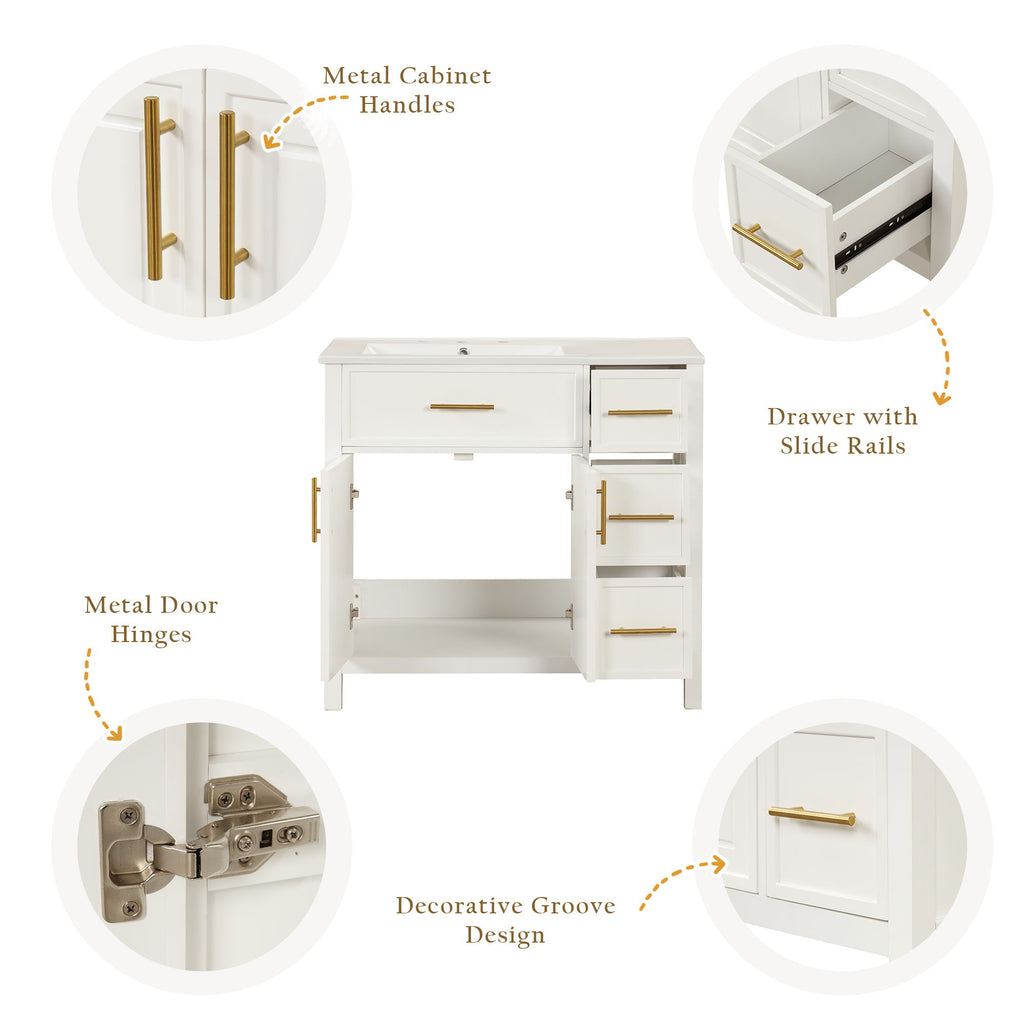 Modern Bathroom Vanity With Sink Top, 2 Doors And 3 Drawers