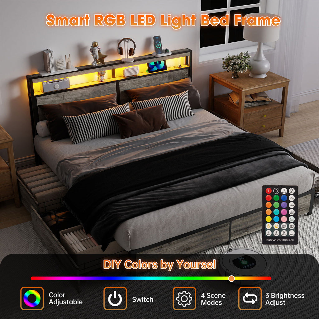 Bed Frame With Headboard, LED Lights & Charging Station