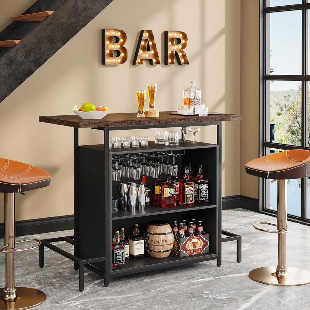 Home Bar Cabinet With 3 Tier Storage & 4 Wine Glass Racks - Brown / Black