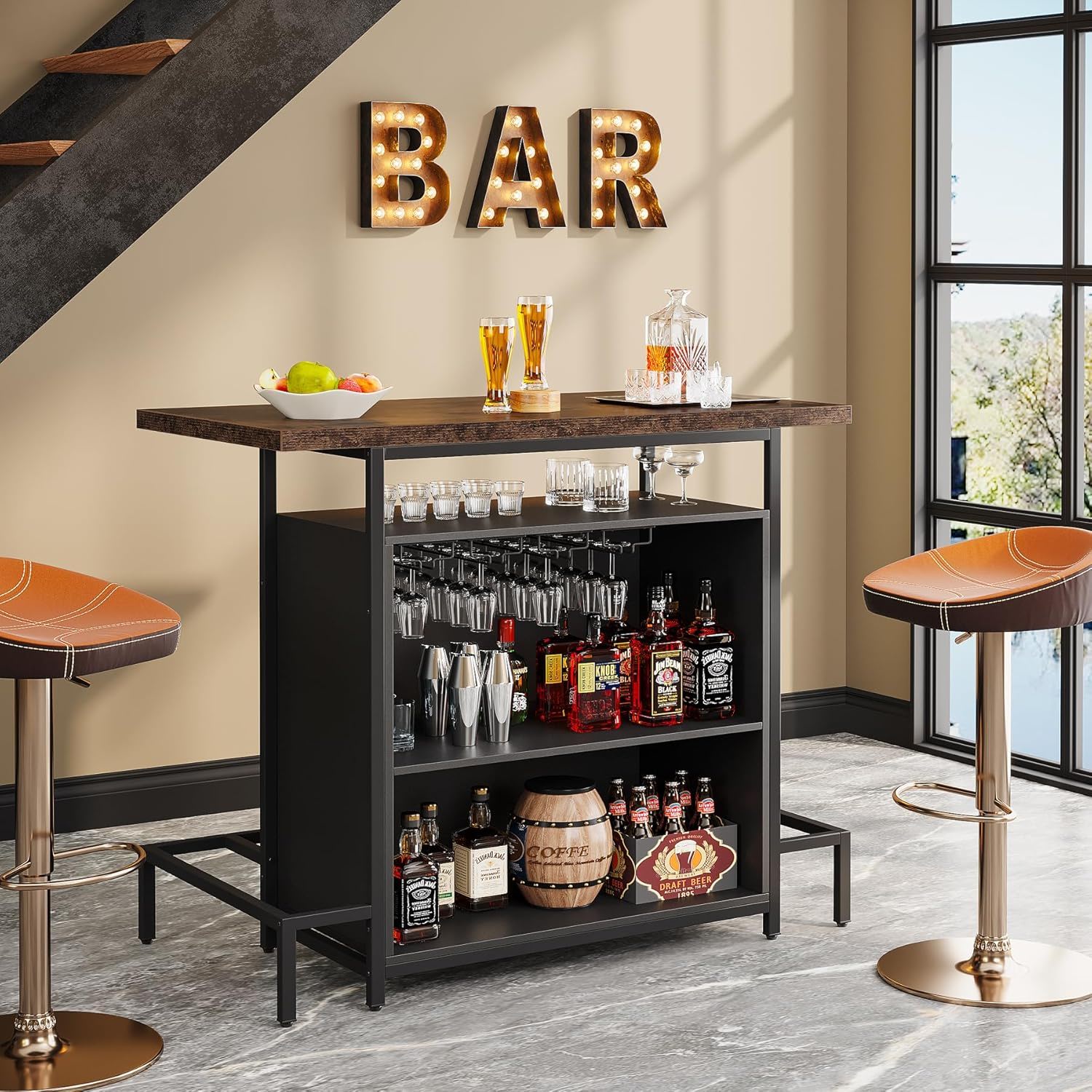 Home Bar Cabinet With 3 Tier Storage & 4 Wine Glass Racks - Brown / Black