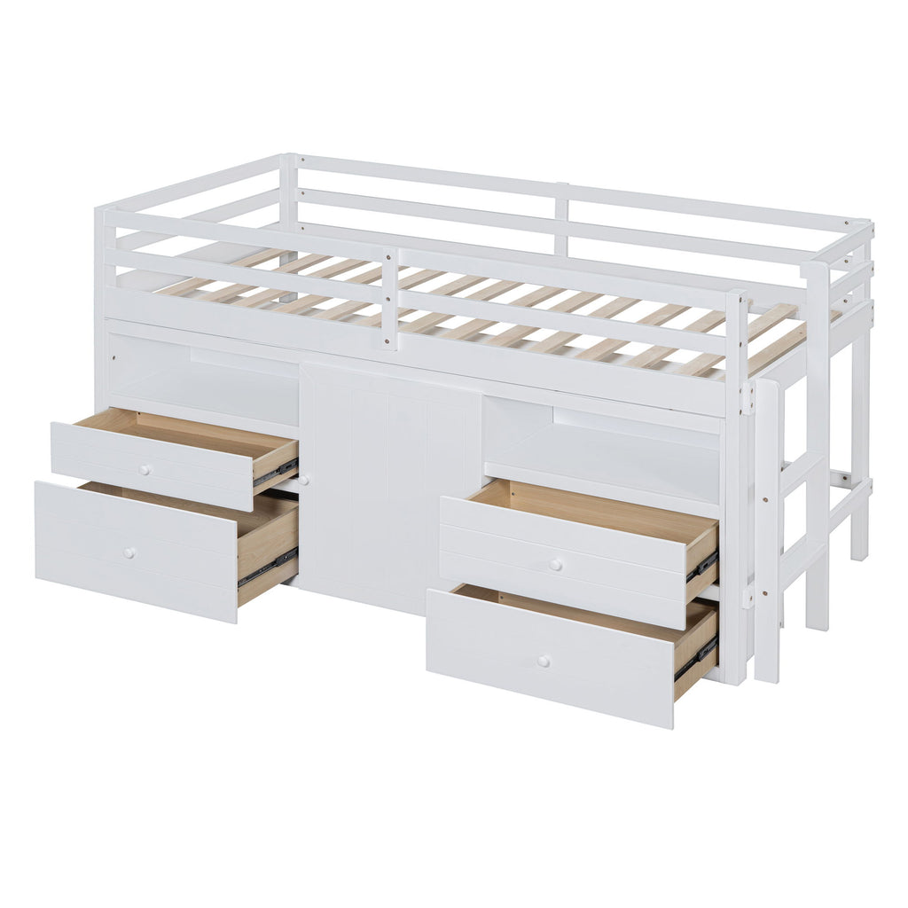 Loft Bed With 4 Drawers, Underneath Cabinet And Shelves
