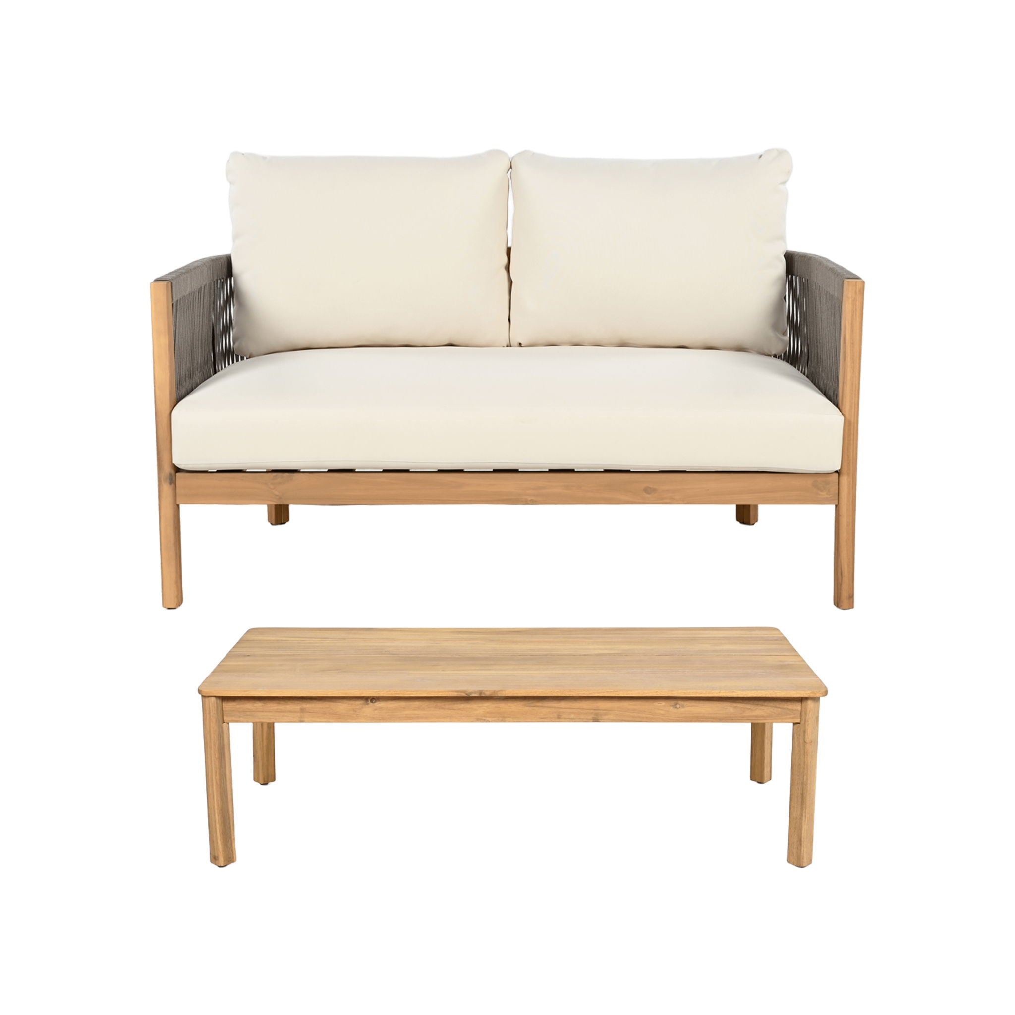 2 Pieces Outdoor Acacia Furniture Set, Woven Rope Outdoor Patio Loveseat, 2 Seat Deep Seating Group With Cushions And Coffee Table For Porch - Teak / Gray / Beige
