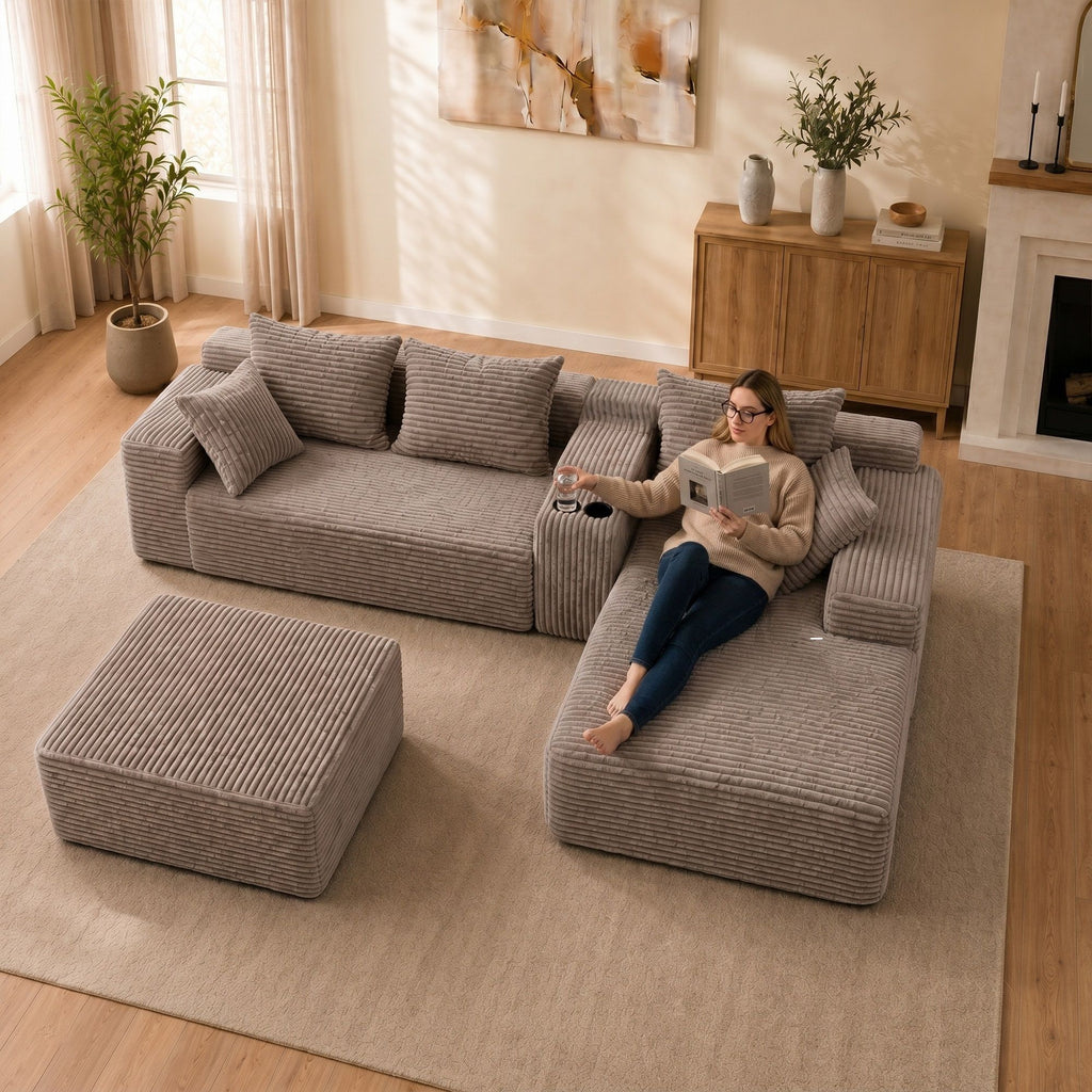 U-Shaped Modular Sofa With Cup Holders And Storage For Living Rooms - Coffee
