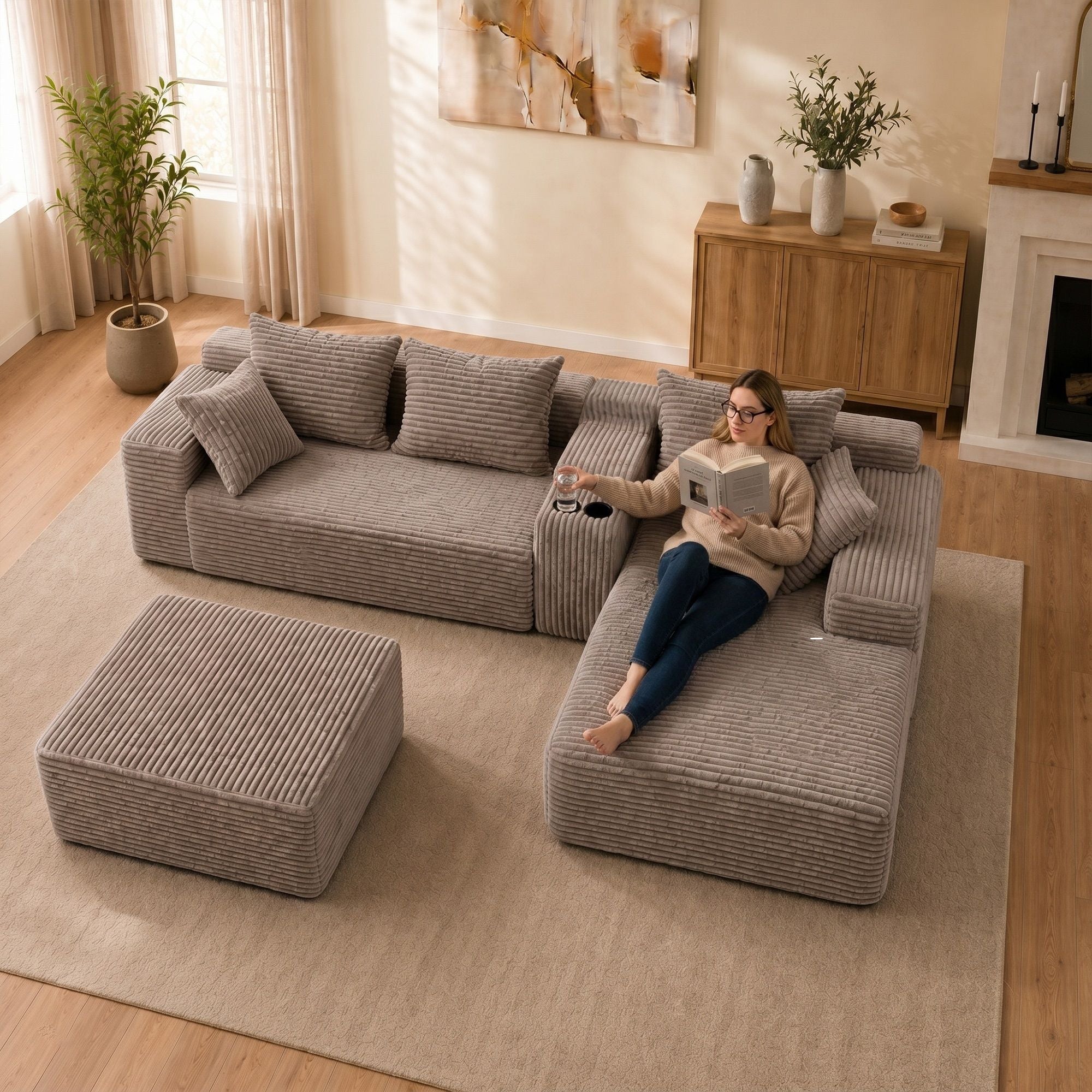 U-Shaped Modular Sofa With Cup Holders And Storage For Living Rooms - Coffee