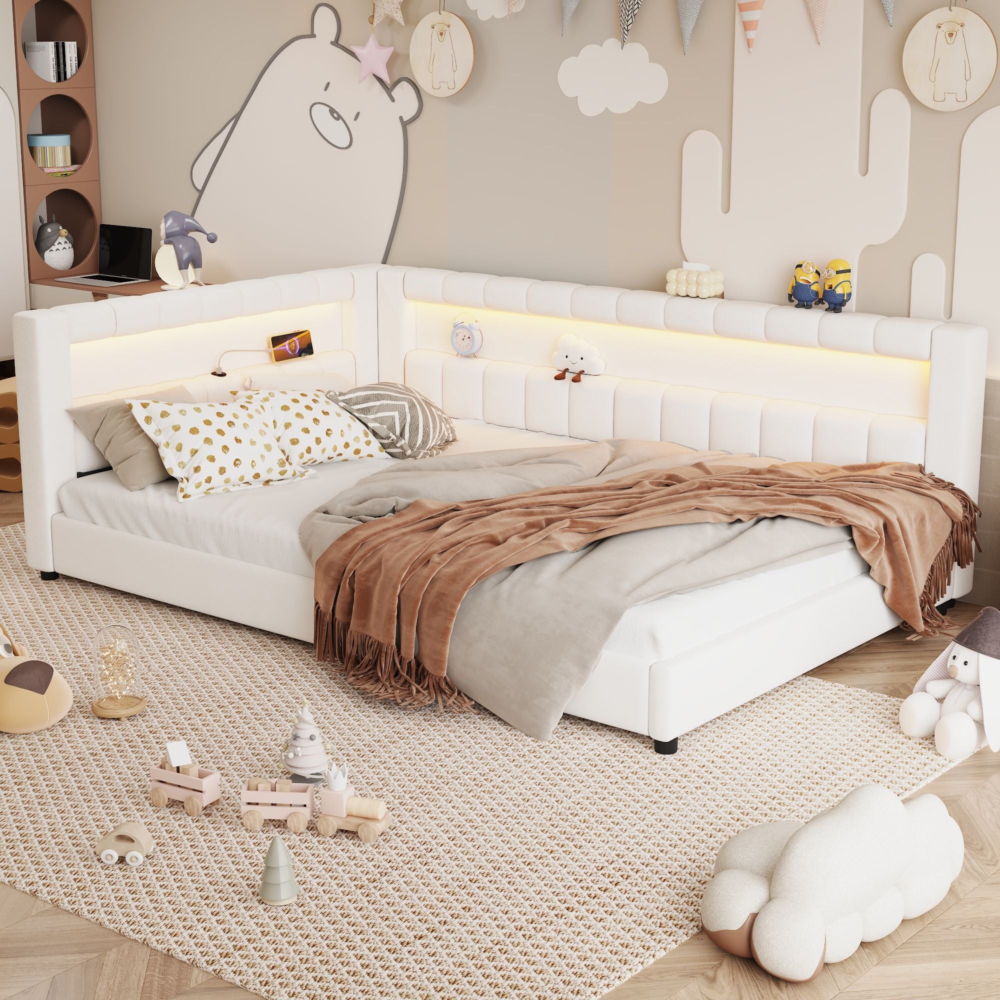 Upholstered Platform Bed With LED Belt And USB Ports