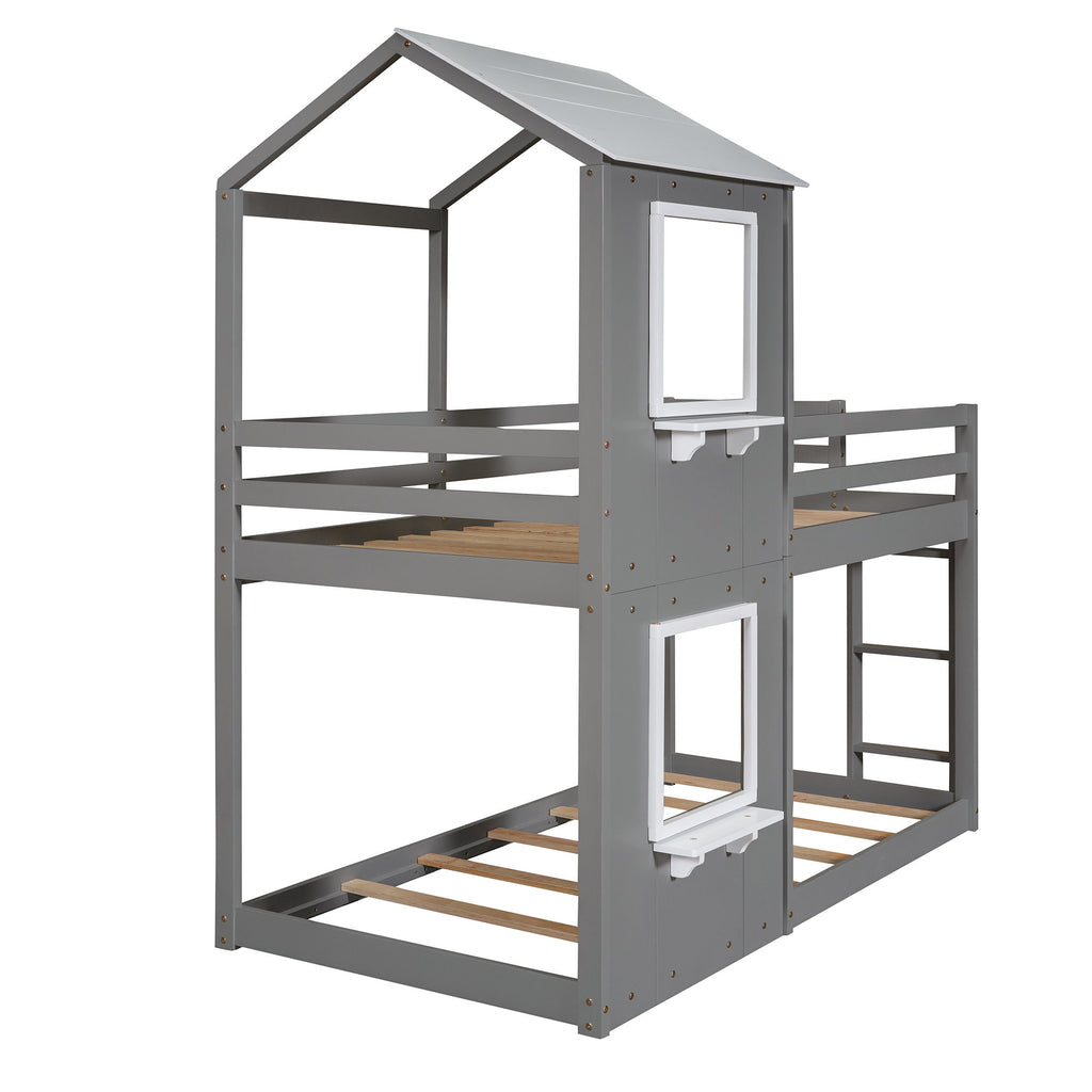 Bunk Bed Wood Bed & Roof, Window, Guardrail, Ladder