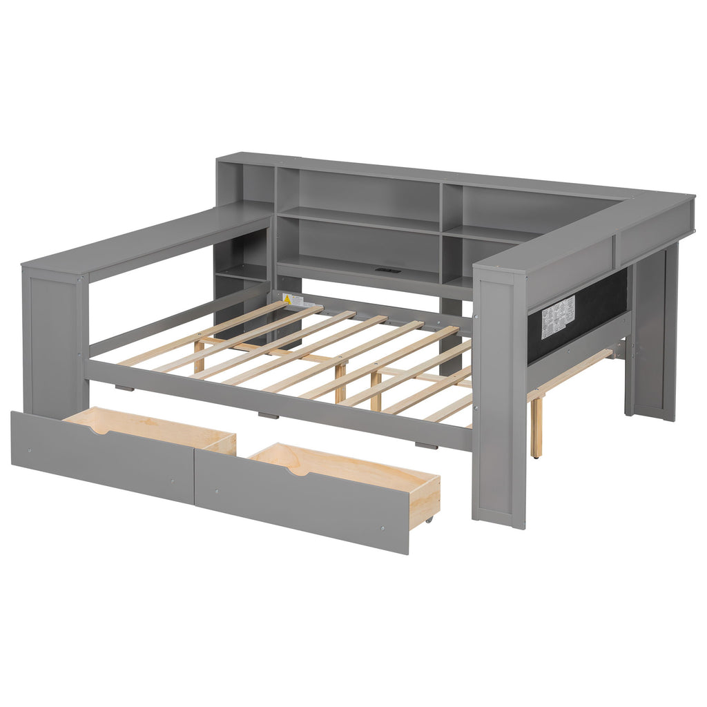 Platform Bed With Upholstered Headboard, Storage Shelves, Drawers, Charging Station, LED Lighting, Built In Desk
