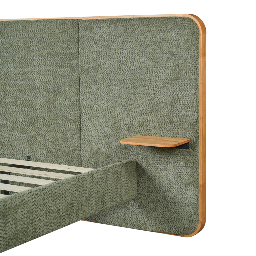 Upholstered Platform Bed Frame With Curved Headboard, Built-In Floating Shelves