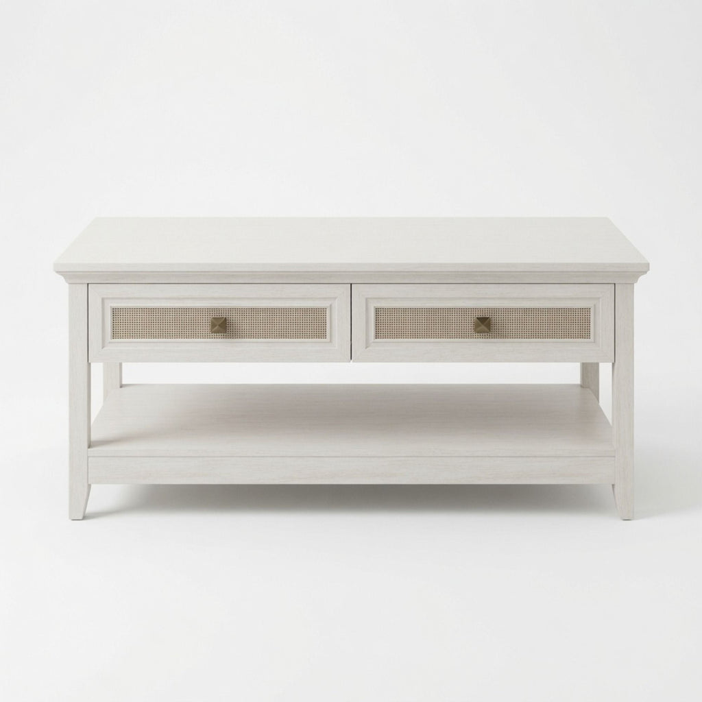 Coffee Table With Drawers & Storage Shelf - White