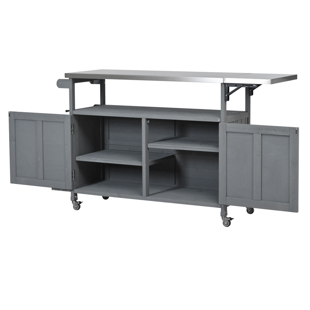 Foldable Outdoor Kitchen Island With Lockable Wheels, Storage Cabinet And Towel Rack For Patio