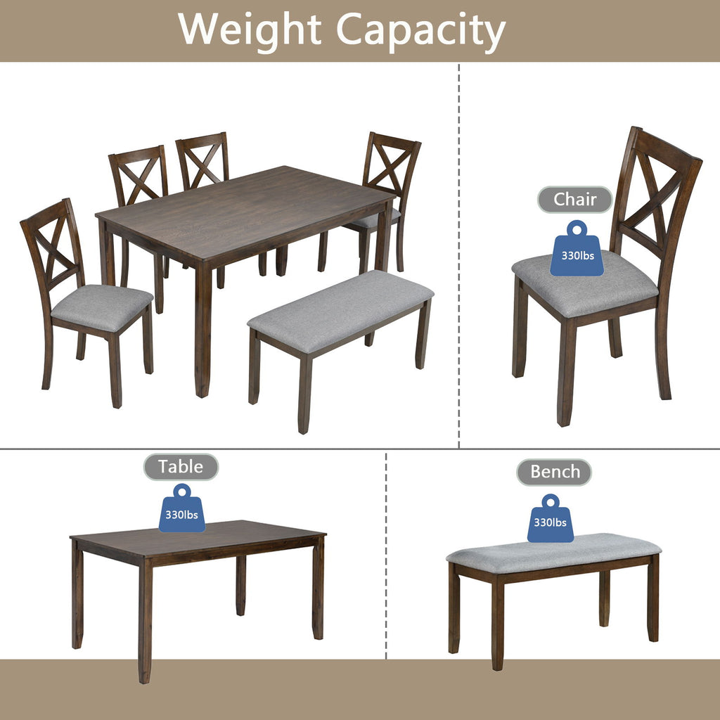 6 Pieces Kitchen Dining Set, Rectangular Wooden Dining Table With 4 Chairs And A Bench