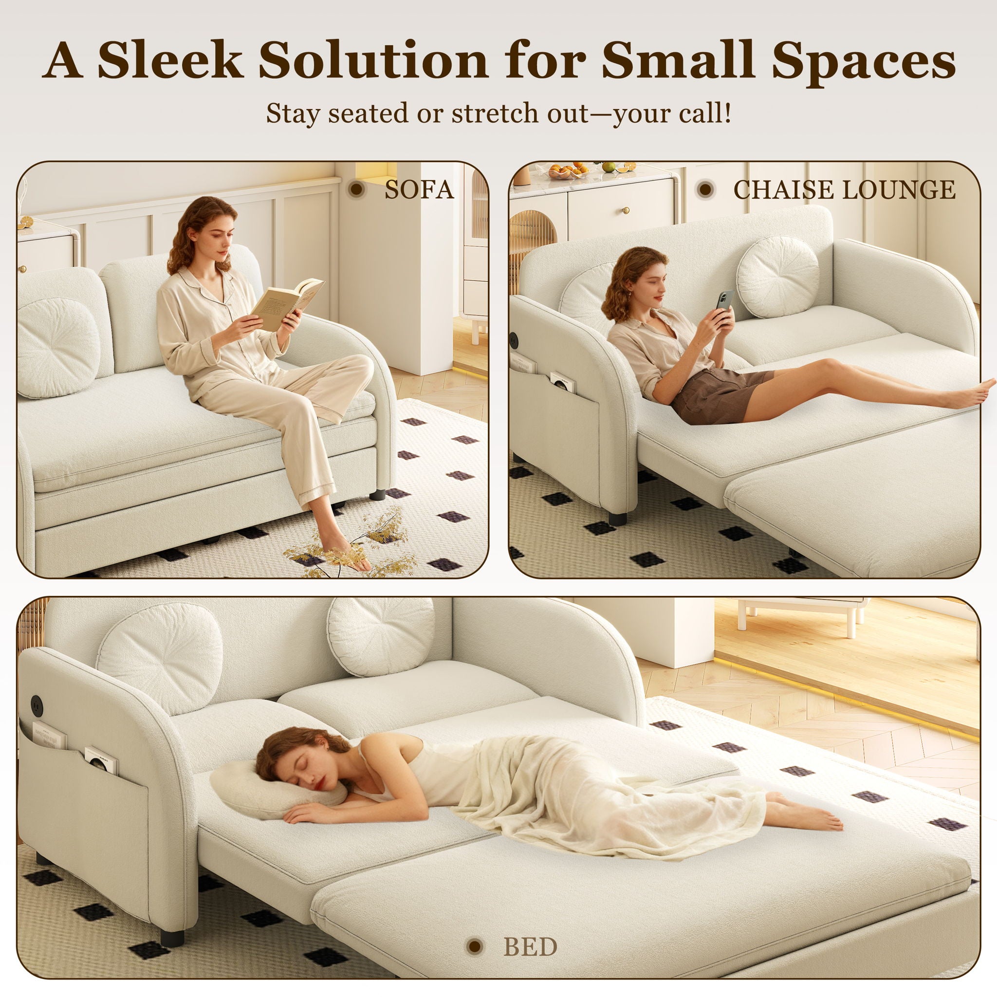 Upholstered Pull Out Couch With Side Pocket & USB Port