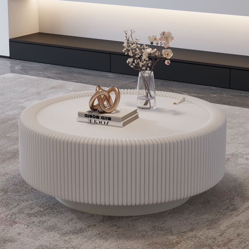 Round Fluted Coffee Table, Base & Hidden Storage - Snow White