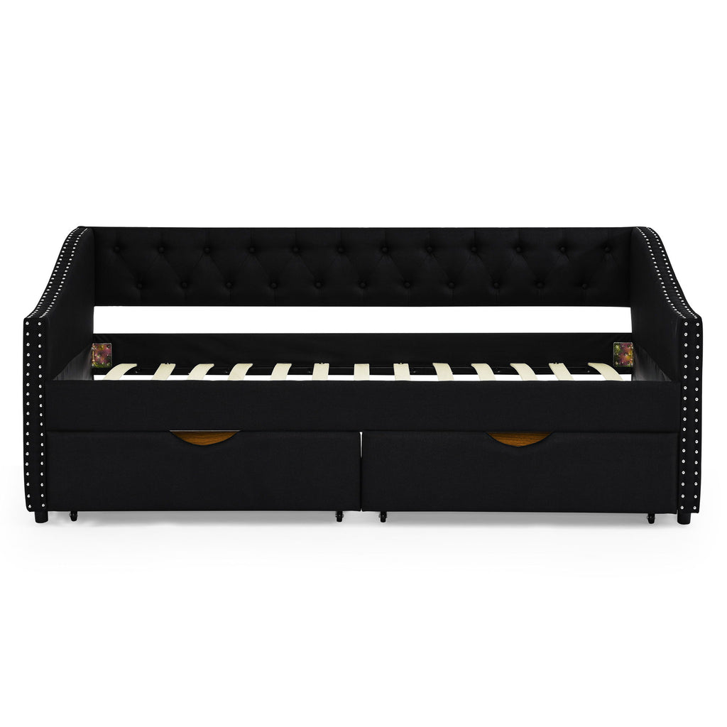 Upholstered Tufted Daybed With 2 Drawers, Waved Arms