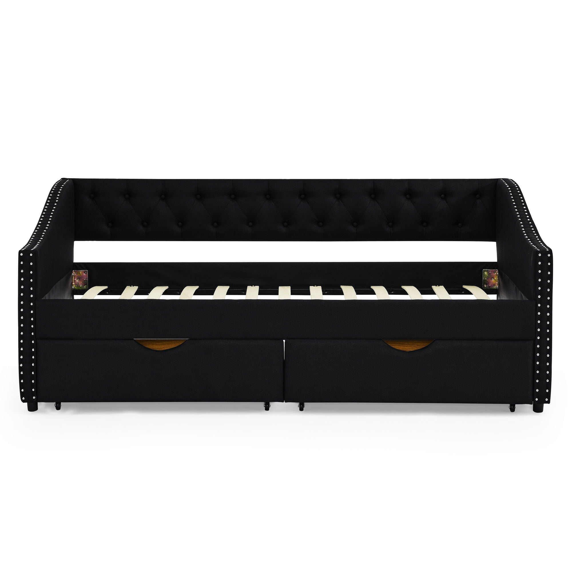 Upholstered Tufted Daybed With 2 Drawers, Waved Arms