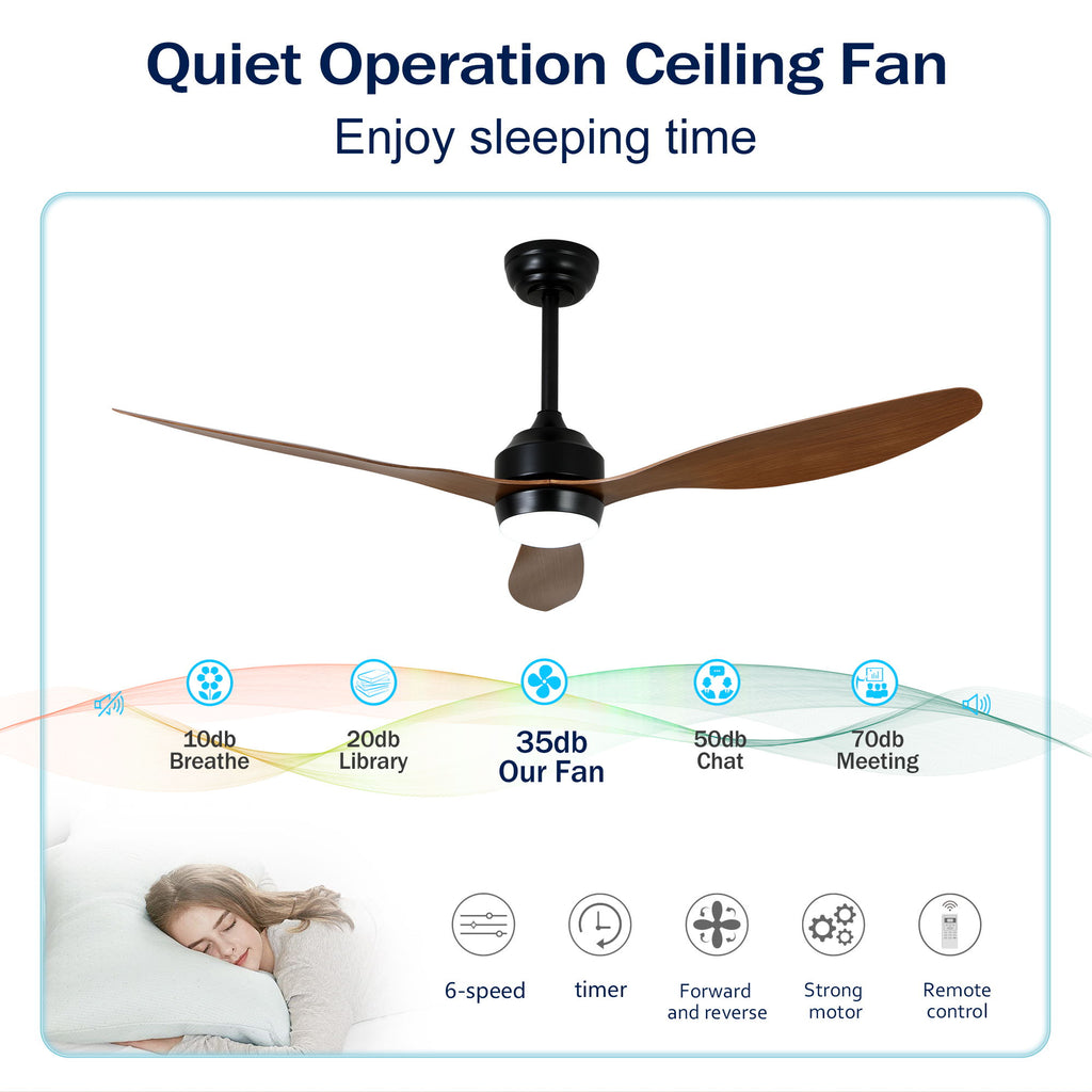 Ceiling Fan With Lights Quiet DC Motor 3 Blade Ceiling Fans 6 Speed Levels, Reversible Ceiling Fan - Matte Black / Wood