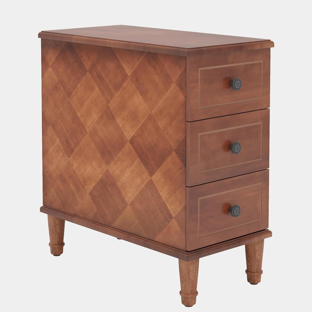 Narrow End Table With 3 Drawers, Compact Design For Small Spaces - Brown