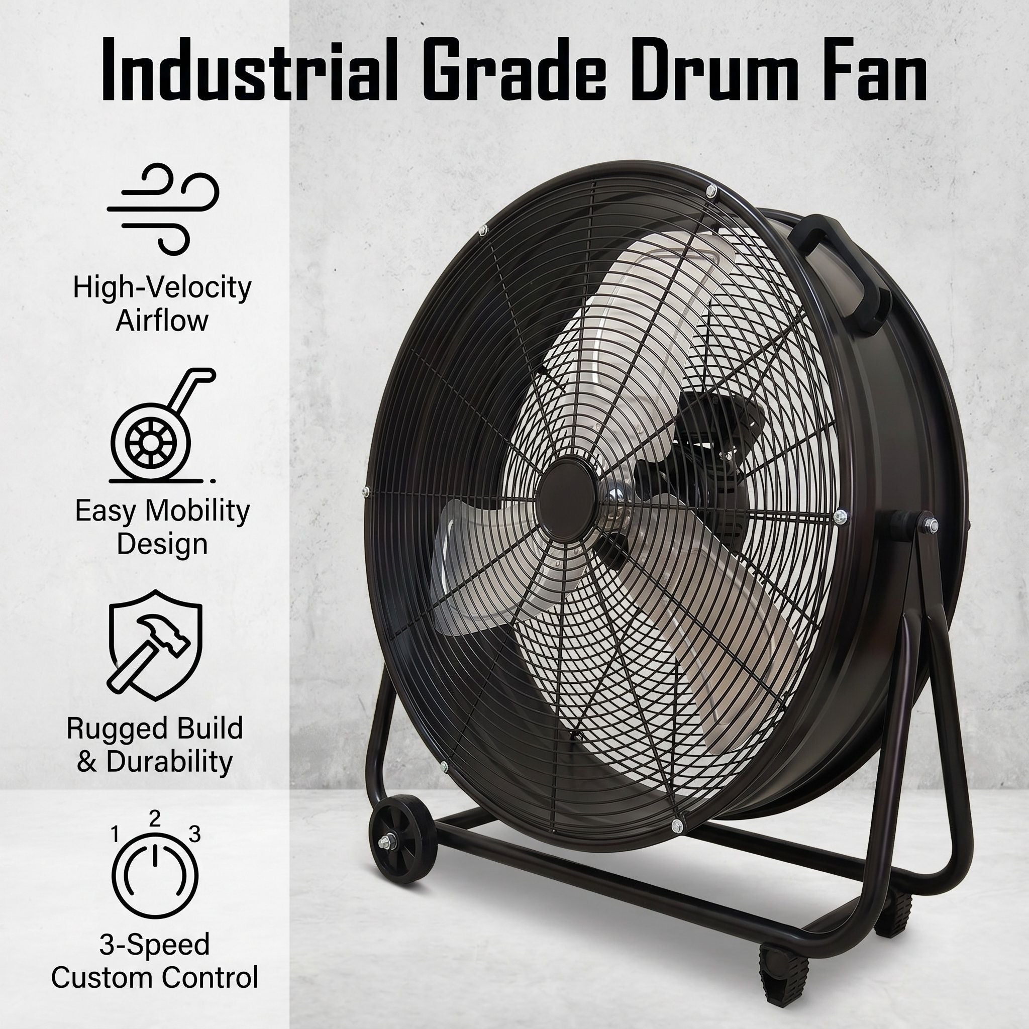 Drum Fan With Pure Copper Wiring Motor And Blades - Black