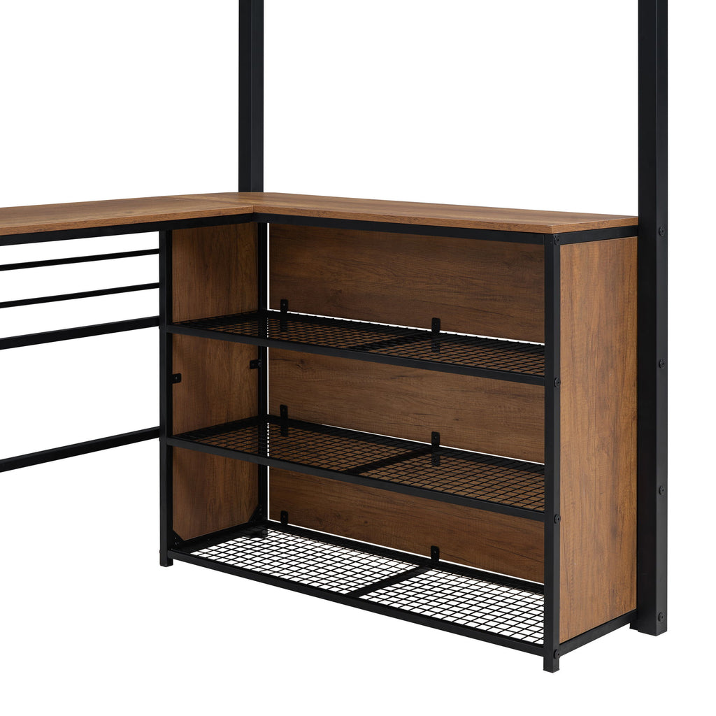 Loft Bed & 3 Layers Of Shelves And L-Shaped Desk