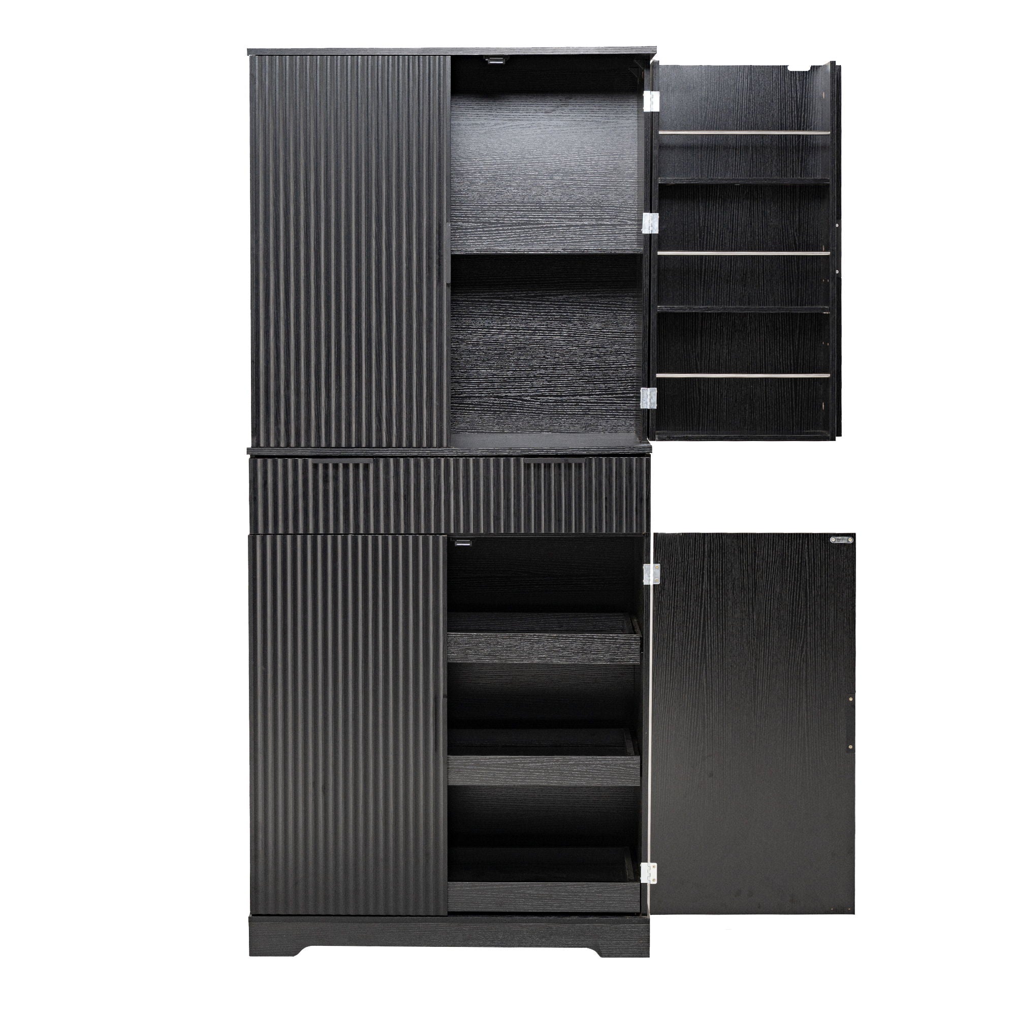 Fluted Kitchen Pantry Cabinet With 3 Keyboard Drawers & 6 Door Shelves Adjustable