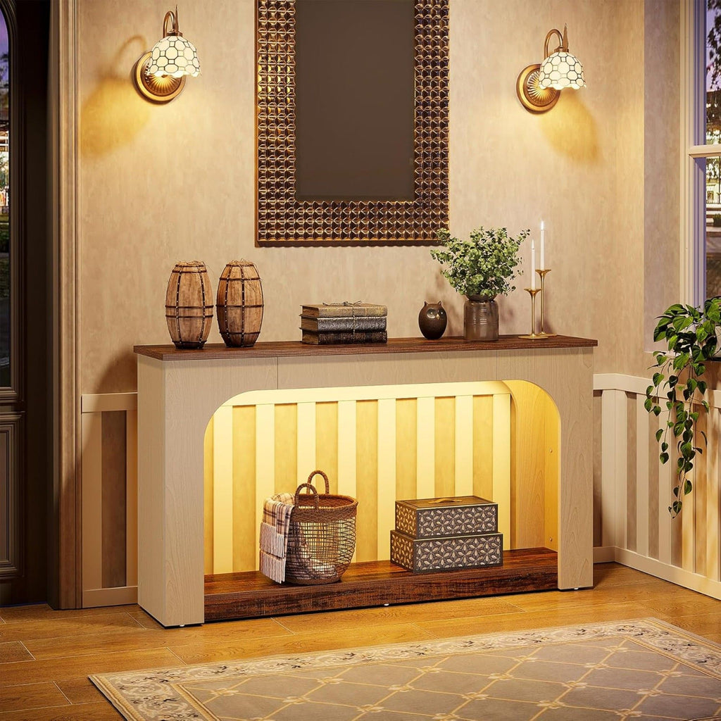2 Tier Narrow Console Table With LED Lights For Entryway - Brown