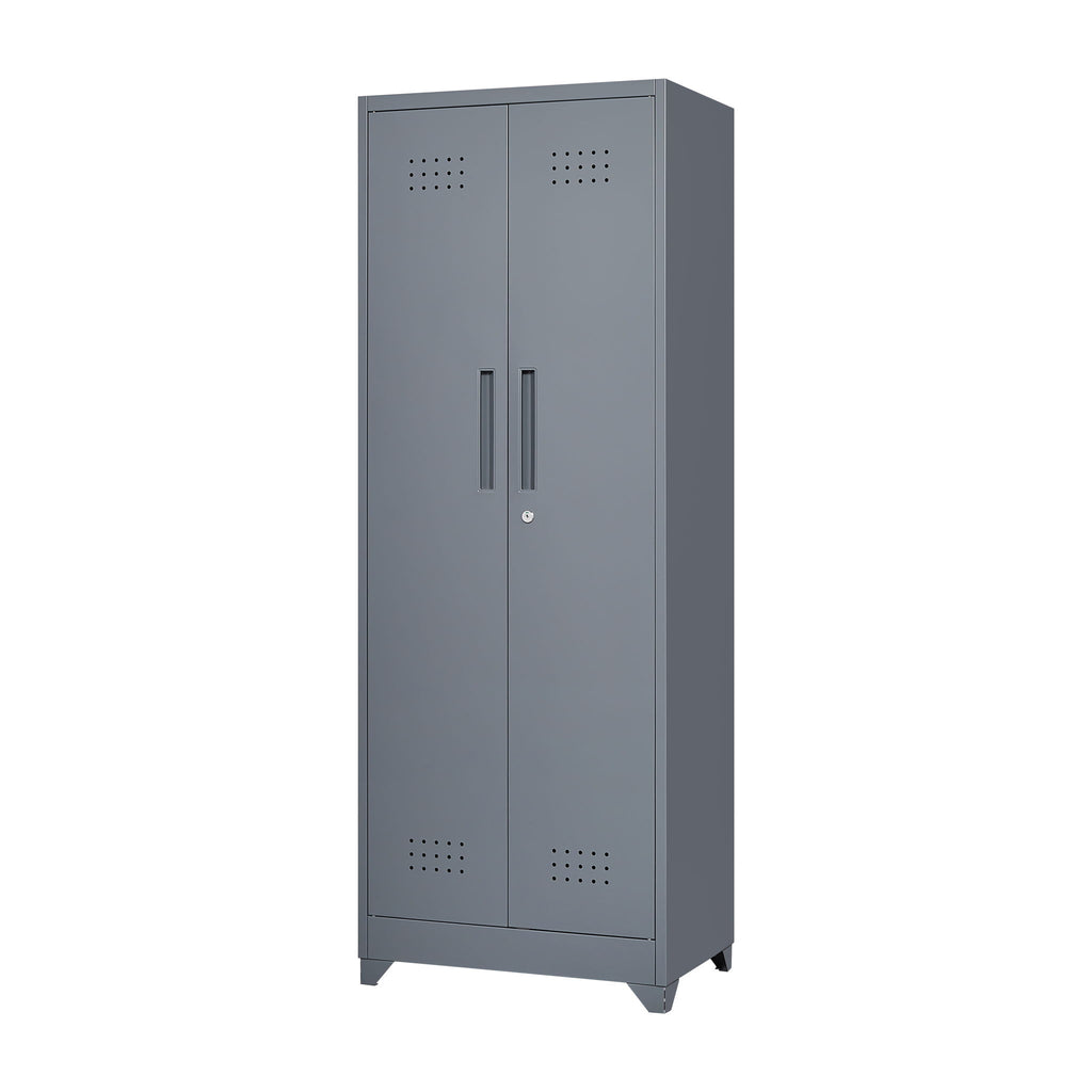 Heavy Duty Storage Cabinet With Locking Doors, Hanging Rod & Shelves, Broom Closet - Gray