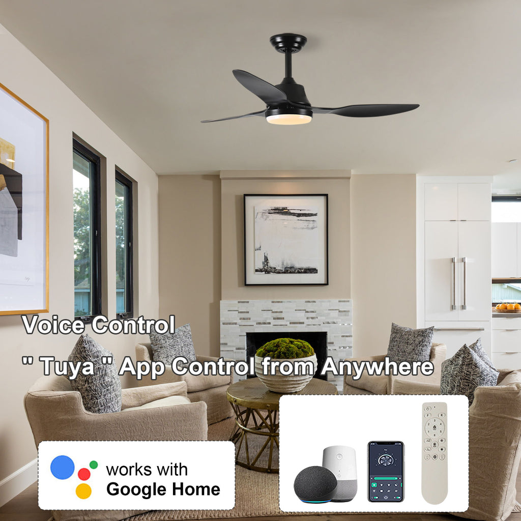 Ceiling Fan With Light, 3 Blades, Remote Control, 6 Speed Reversible DC Motor For Living Room - Black