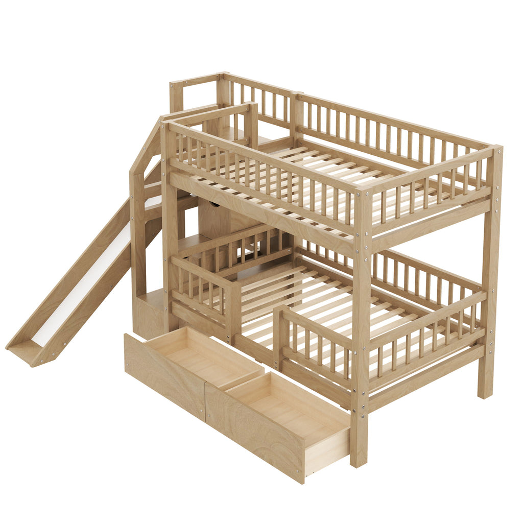 Bunk Bed With Storage Staircase, Slide And 2 Drawers
