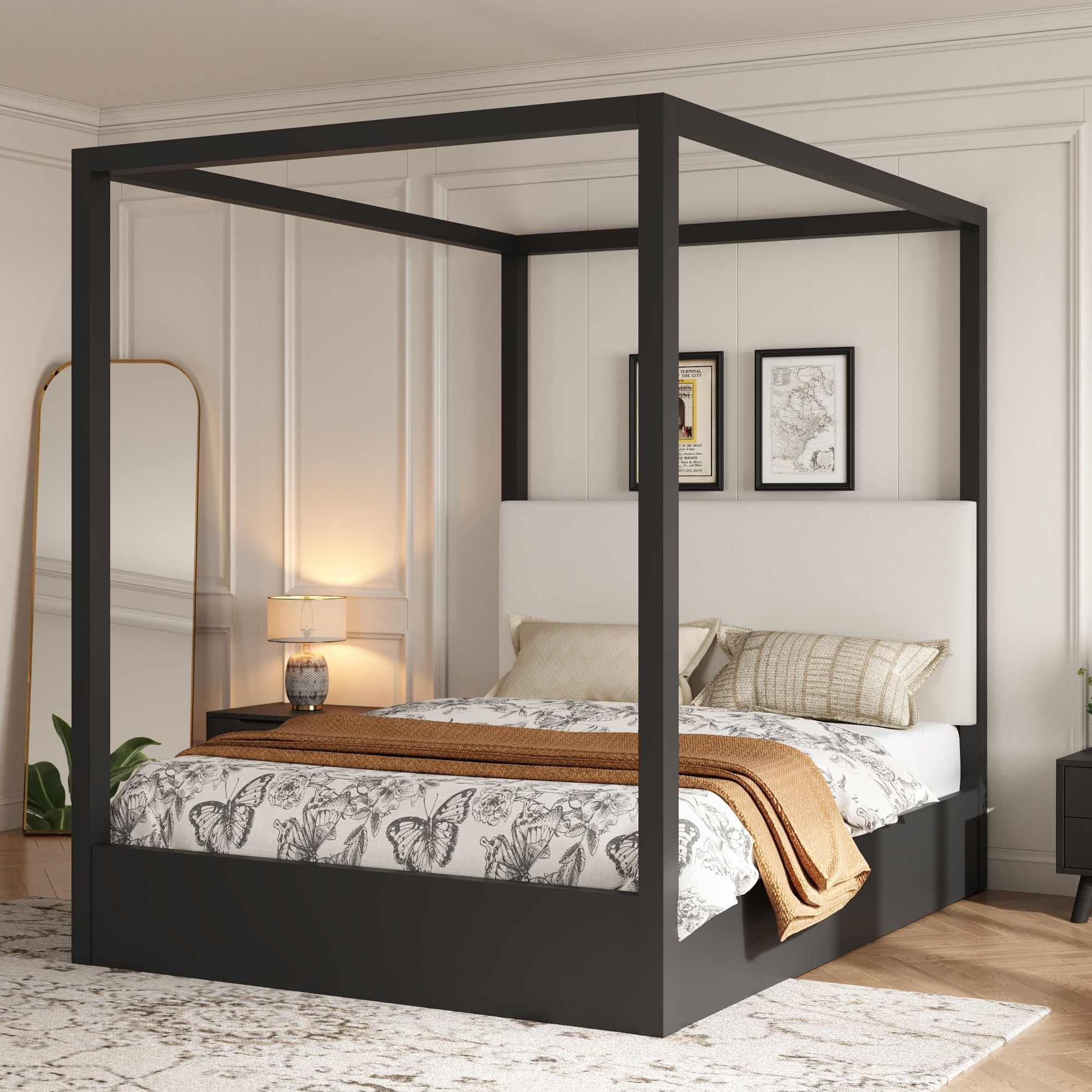 Canopy Platform Bed With Upholstered Headboard