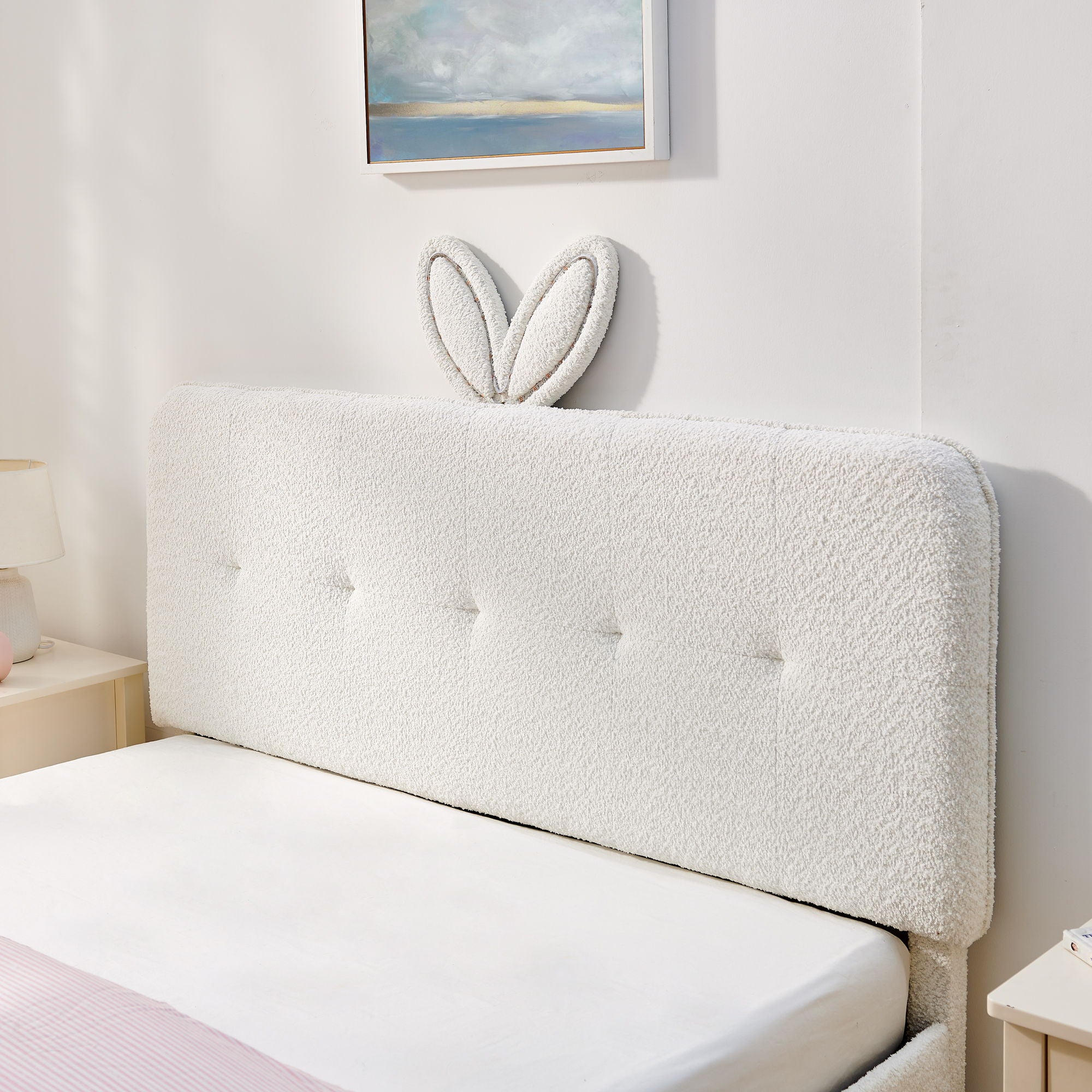 Upholstered Bed With Oversized Rabbit Ear Headboard, LED Lights & 4 Storage Drawers