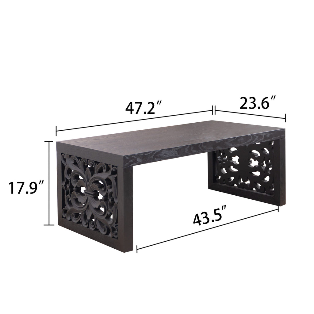 Rustic Carved Wood Coffee Table, Handcrafted Look With Ornate Side Panels