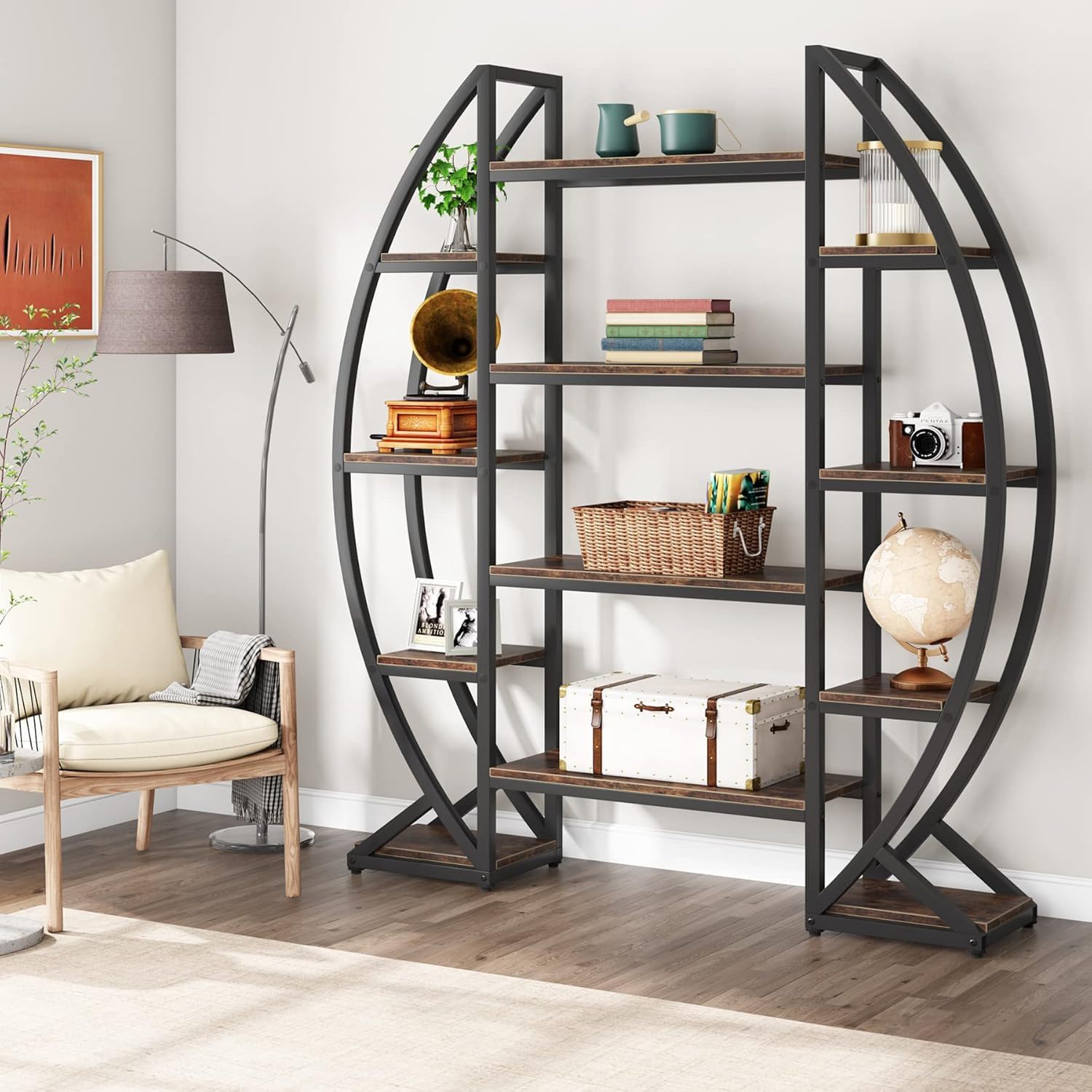 Triple Wide Oval Etagere Bookcase With Shelves For Living Room