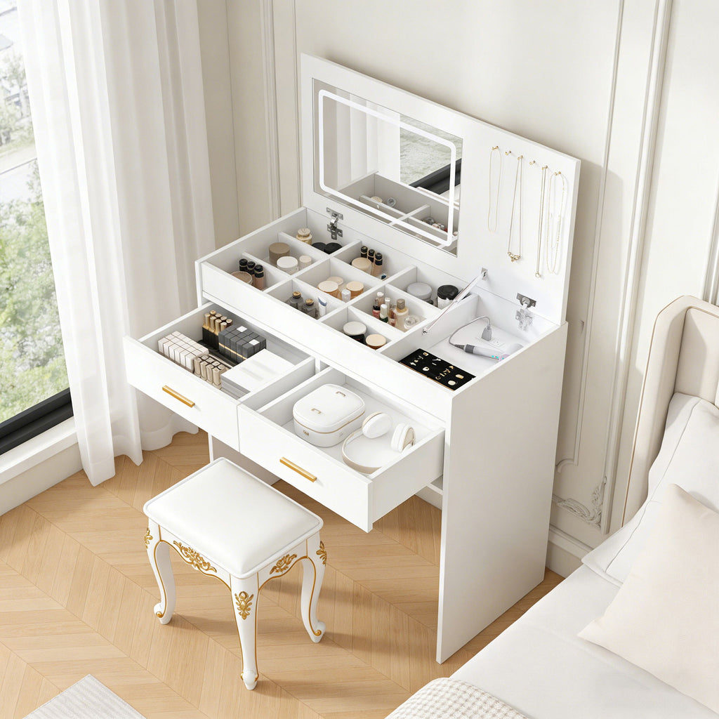 Flip Top Vanity Desk With LED Mirror & Outlet Makeup Table With 2 Drawers, Open Storage, And Jewelry Hooks - White
