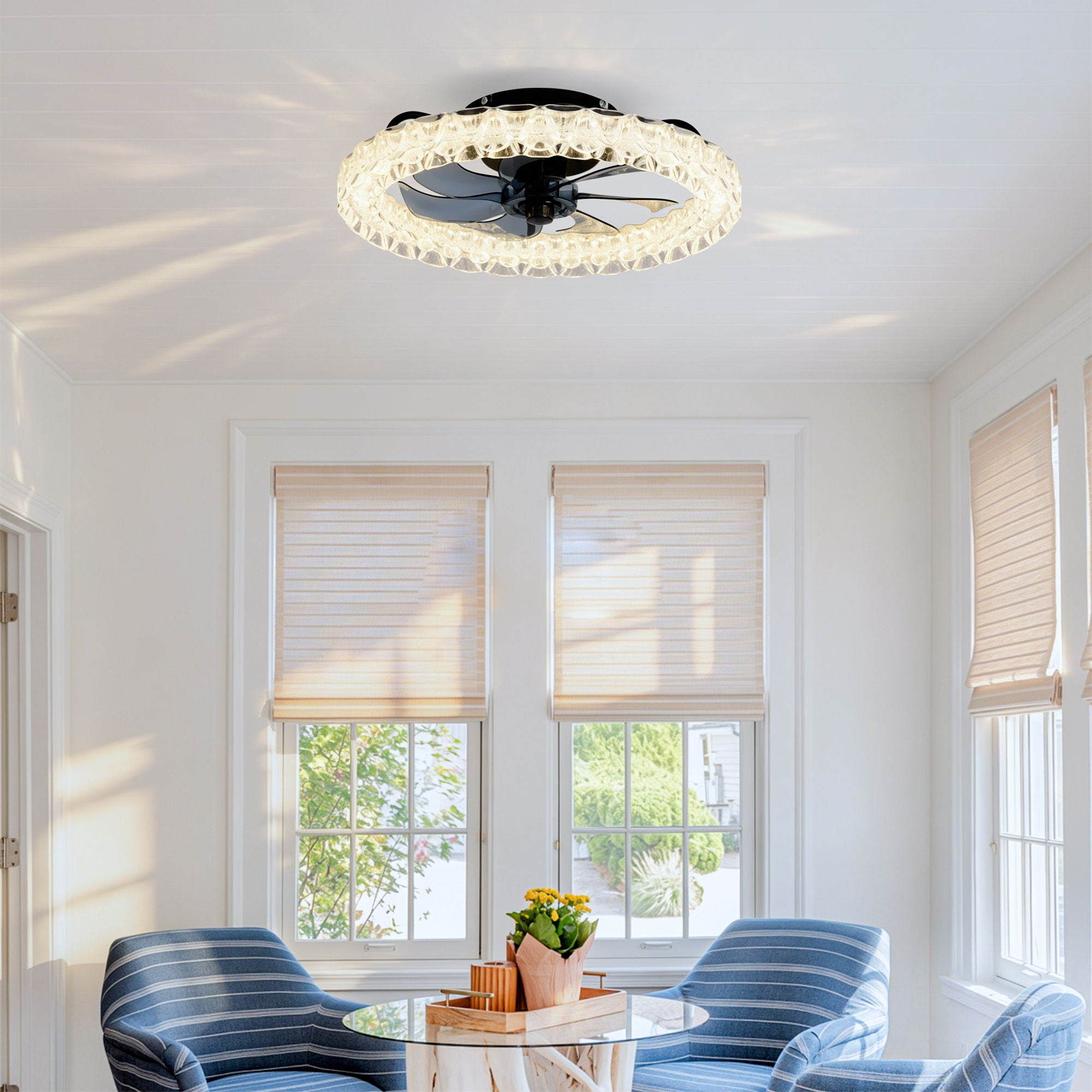 LED Light Source And Remote Control, 3000 - 6500K Dimmable Flush Mount LED Fan Light, 6 Speeds, Quiet DC Motor - Matte Black