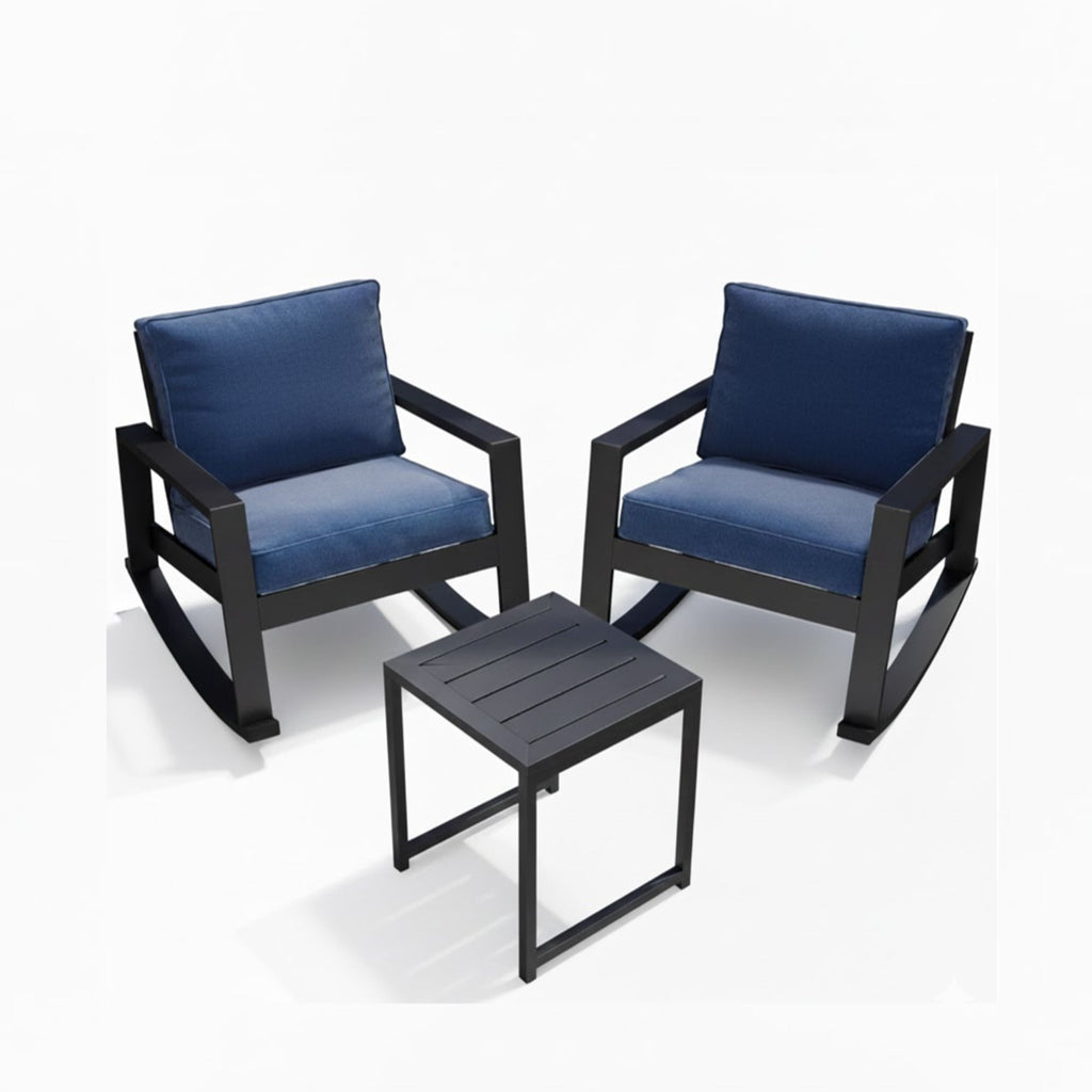 Outdoor Rocking Bistro Set Of 3, Oversized Rocking Chairs With Cushions And Side Table - Black / Blue