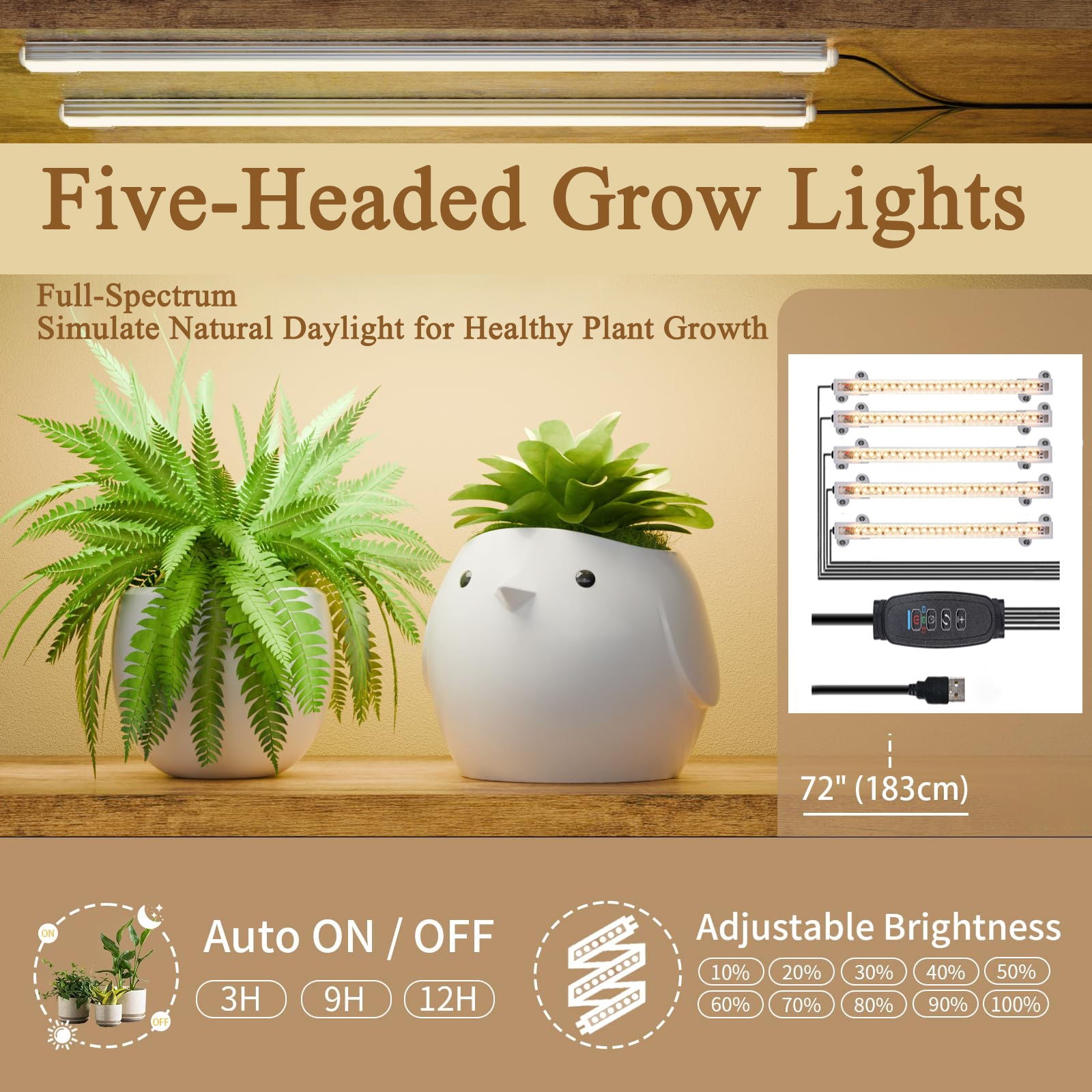S - Shaped, 10 Tier Plant Stand With 5 Grow Lights - Deep Rustic Brown
