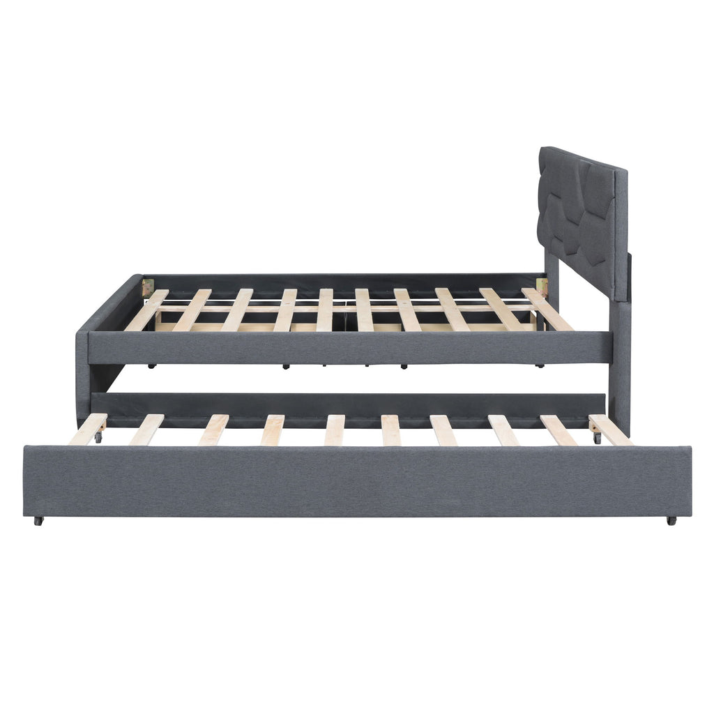 Upholstered Platform Bed With Brick Pattern Headboard And Twin Long Size Trundle