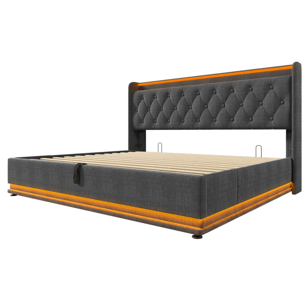 Upholstered Bed, 360 Surround LED Function, Remote Control, Hydraulic Storage Bed With USB, Type-C Charging (Without Mattress)