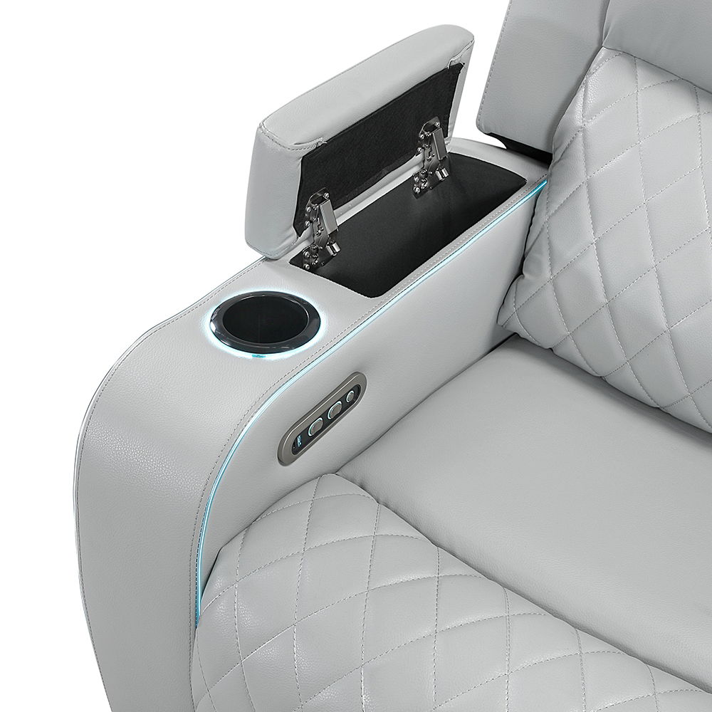 Elonzo - Power Motion Sofa With LED, Power Headrest & Speaker - Light Gray