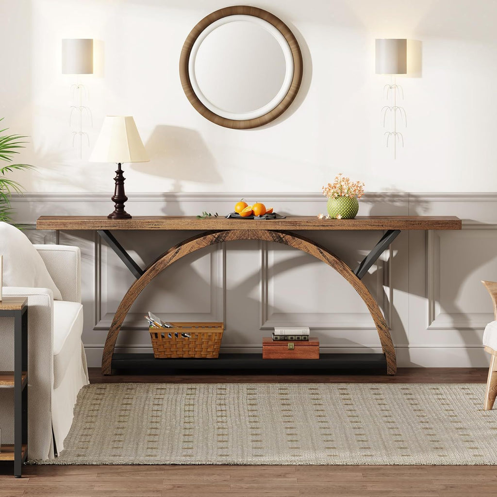 Console Table With 2 Tier Storage And Half Moon Frame For Hallway - Brown / Black